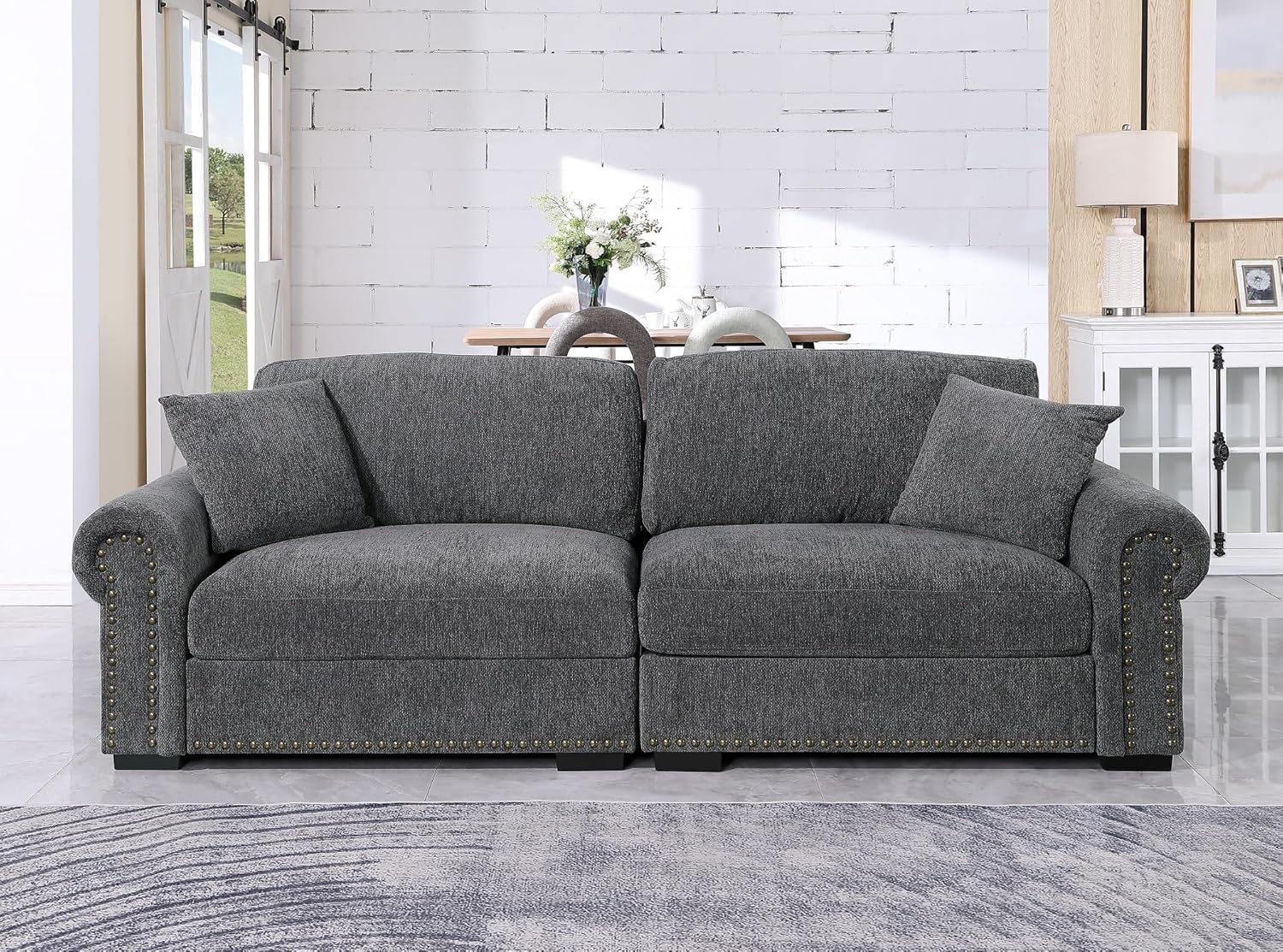 94" Oversized Chenille Loveseat Sofa, Modern Comfy Deep Seat Modular Sectional Sofa, 2-Seater Cloud Couch with 2 Pillows, for Living Room, Bedroom, Apartment, Dark Gray