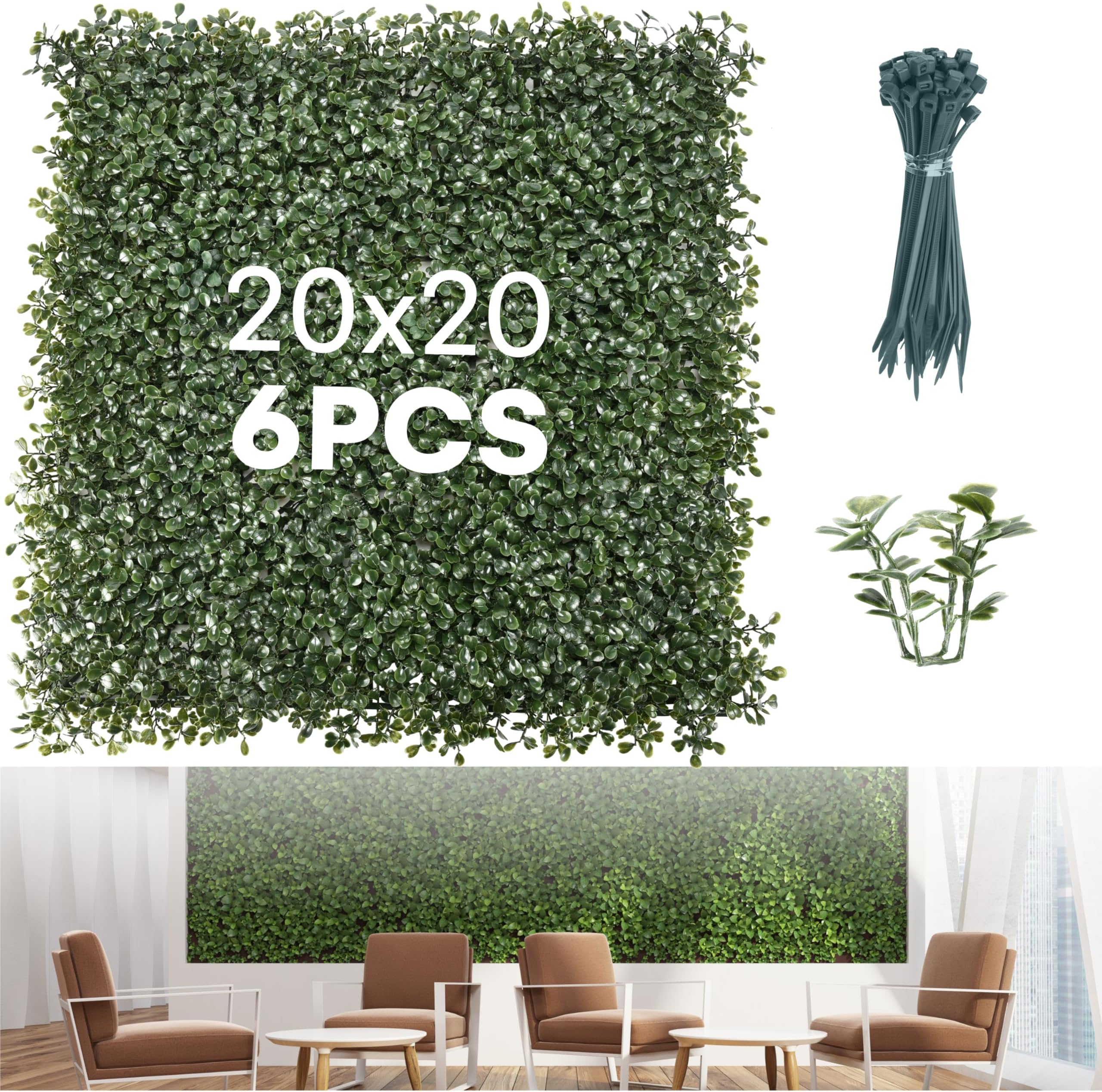 flyboldGrass Wall Panels Pack of 6 - Artificial Boxwood Panel and Greenery Backdrop for Indoor and Outdoor Decor - Durable High-Density Polyethylene, Easy Installation with Cable Ties - 20x20 Inches