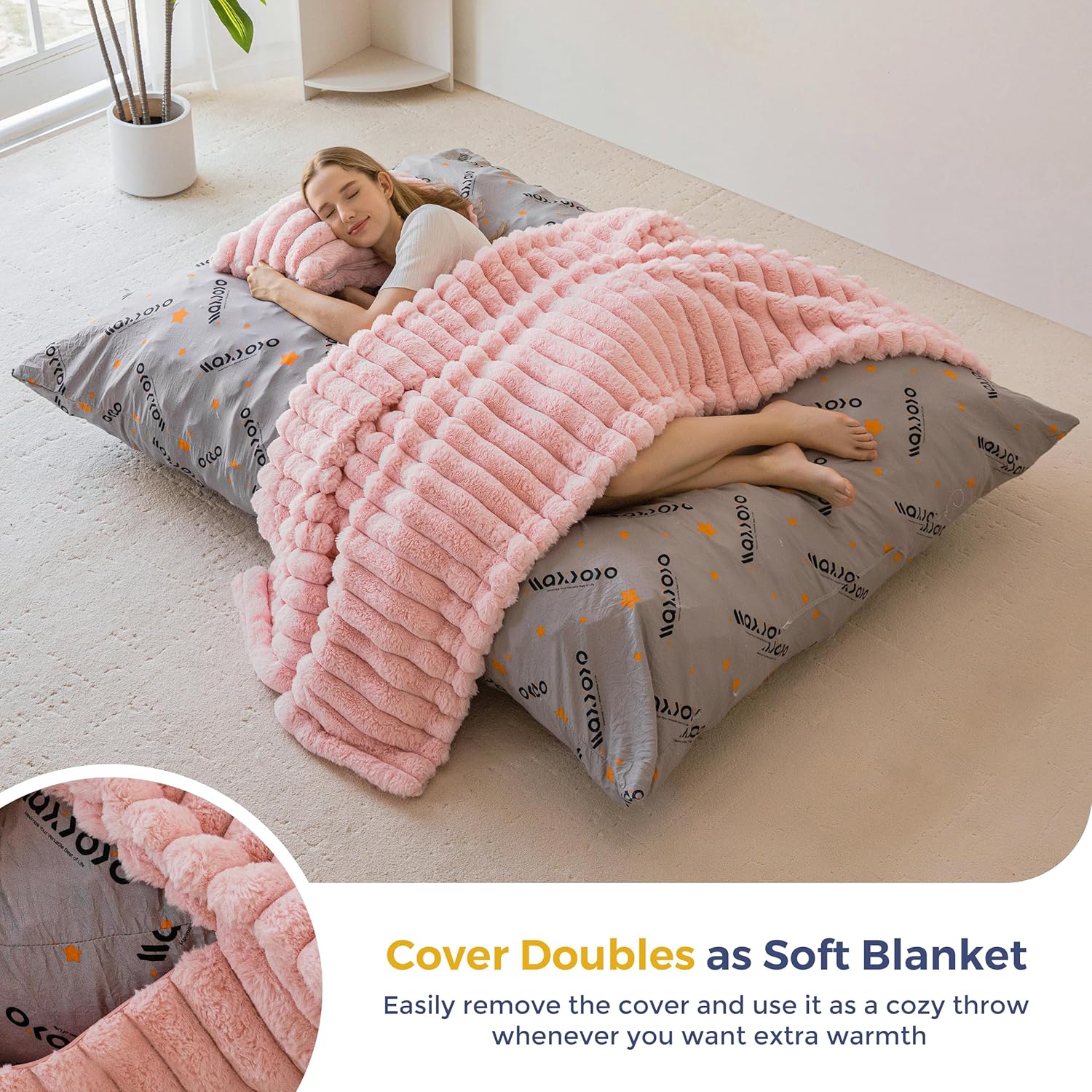 MAXYOYO Giant Bean Bag Chair with Pillow, 3 in 1 Convertible Bean Bag Chair for Adults with Removable Cover, Floor Cushion Stuffed Floor Lounger for Living Room Bedroom, Pink - Image 3