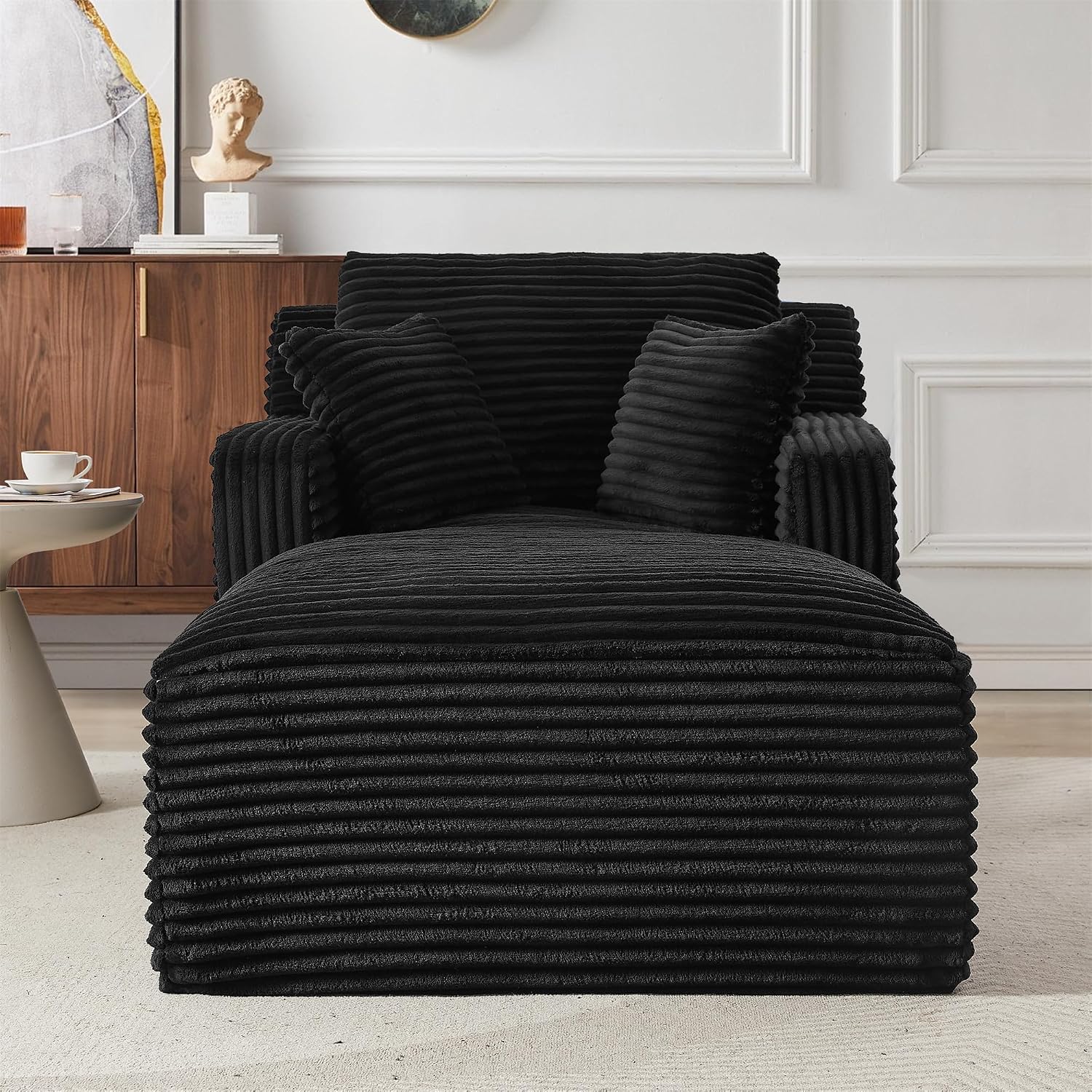 Black Chaise Lounge Chair Indoor, 40" Plush Corduroy Boneless Sleeper Sofa Cloud Couch with Throw Pillows and Armrests, Modern Comfy Single Seat Floor Sofa Reading Chairs for Living Room, Bedroom
