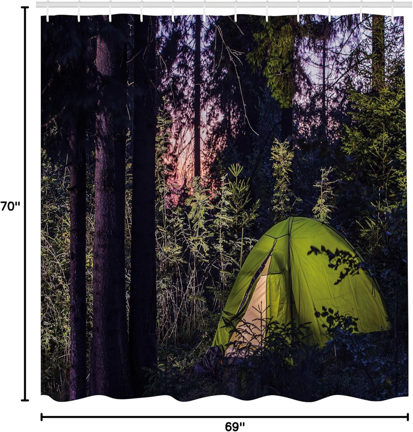 Ambesonne Camper Shower Curtain, Dark Forest in Late Evening with Spruce Trees and Purple Sky Outdoor Lifestyle, Cloth Fabric Bathroom Decor Set with Hooks, 69" W x 70" L, Seal Brown