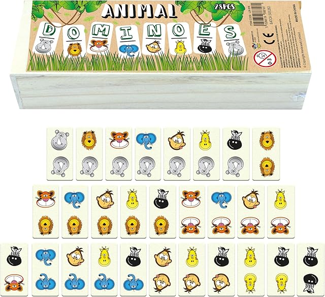 HENBRANDT Animal Dominoes Set for Children  28 Pieces in Wooden Box  Traditional Kids Domino Matching Game with Jungle Animals