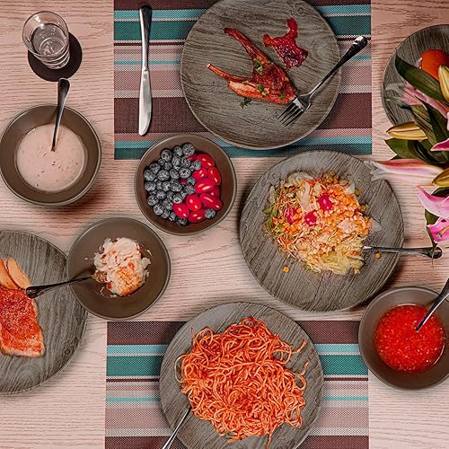 Miniatura 5 de TP Platos de cena de melamina de 8.5", juego de 6 platos, platos de servir irrompibles para interior y exterior, servicio para 6, grano de madera