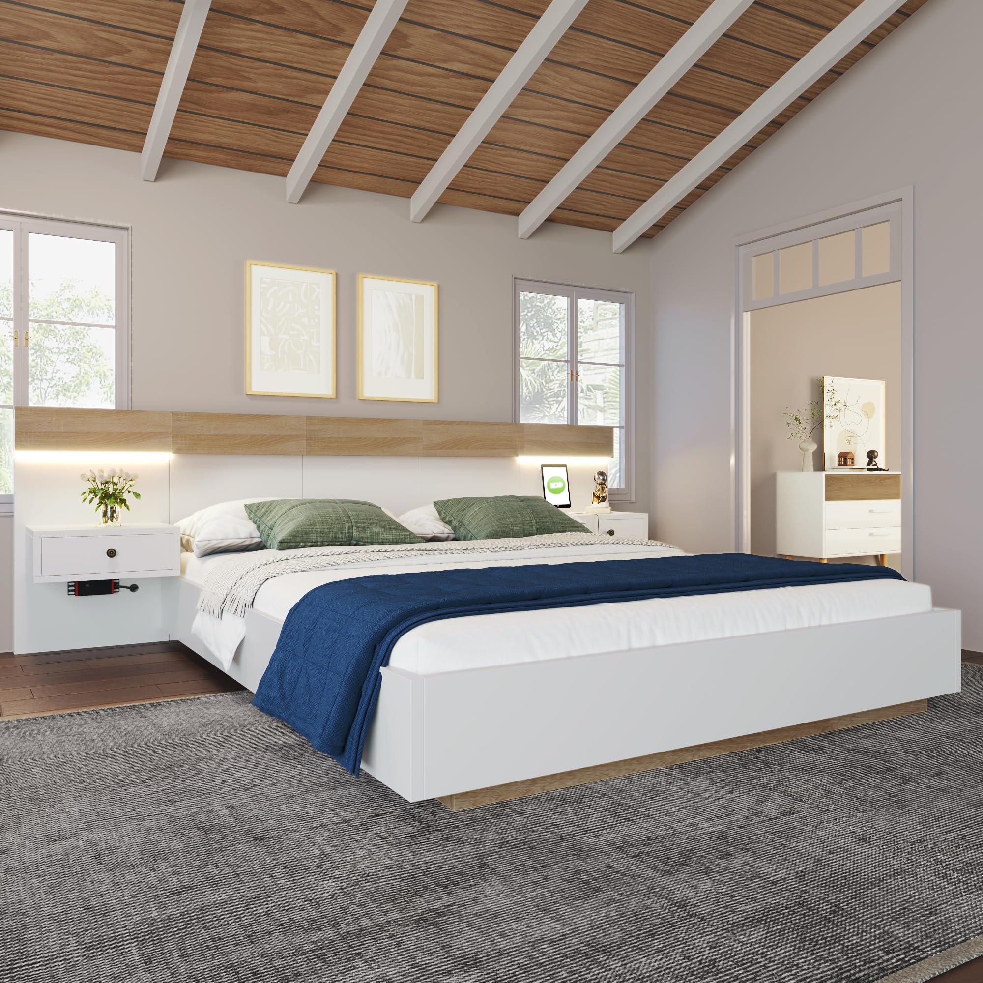 Lit double avec 2 commodes de chevet LED et prise USB C 160 x 200 cm, lit en bois avec 2 tables de chevet pour chambre à coucher - 205 x 264 x 90,5 cm (p x l x h) - En chêne Sonoma/blanc (sans