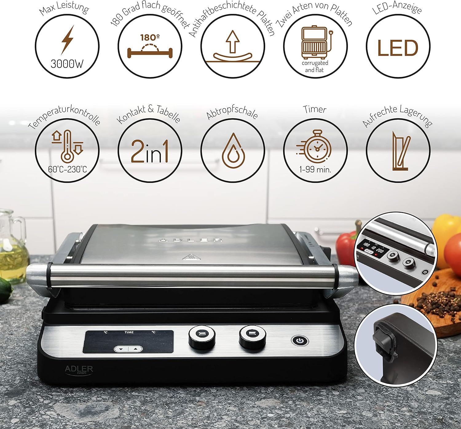 JUNG ADLER AD3059 - Griglia a contatto 2 in 1, 2 piastre rimovibili, display LED, timer, doppia superficie grill, regolazione separata della temperatura, griglia elettrica da tavolo, 3000 W JUNG ADLER AD3059 - Griglia a contatto 2 in 1, 2 piastre rimovibili, display LED, timer, doppia superficie grill, regolazione separata della temperatura, griglia elettrica da tavolo, 3000 W