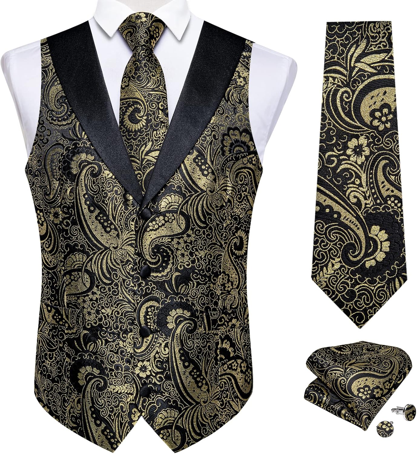 DiBanGu Mens Paisley Suit Vest Silk Sleeveless Vest and Neck Tie Pocket Square Cufflinks Set for Wedding Formal,Black Gold 0223,X-Large