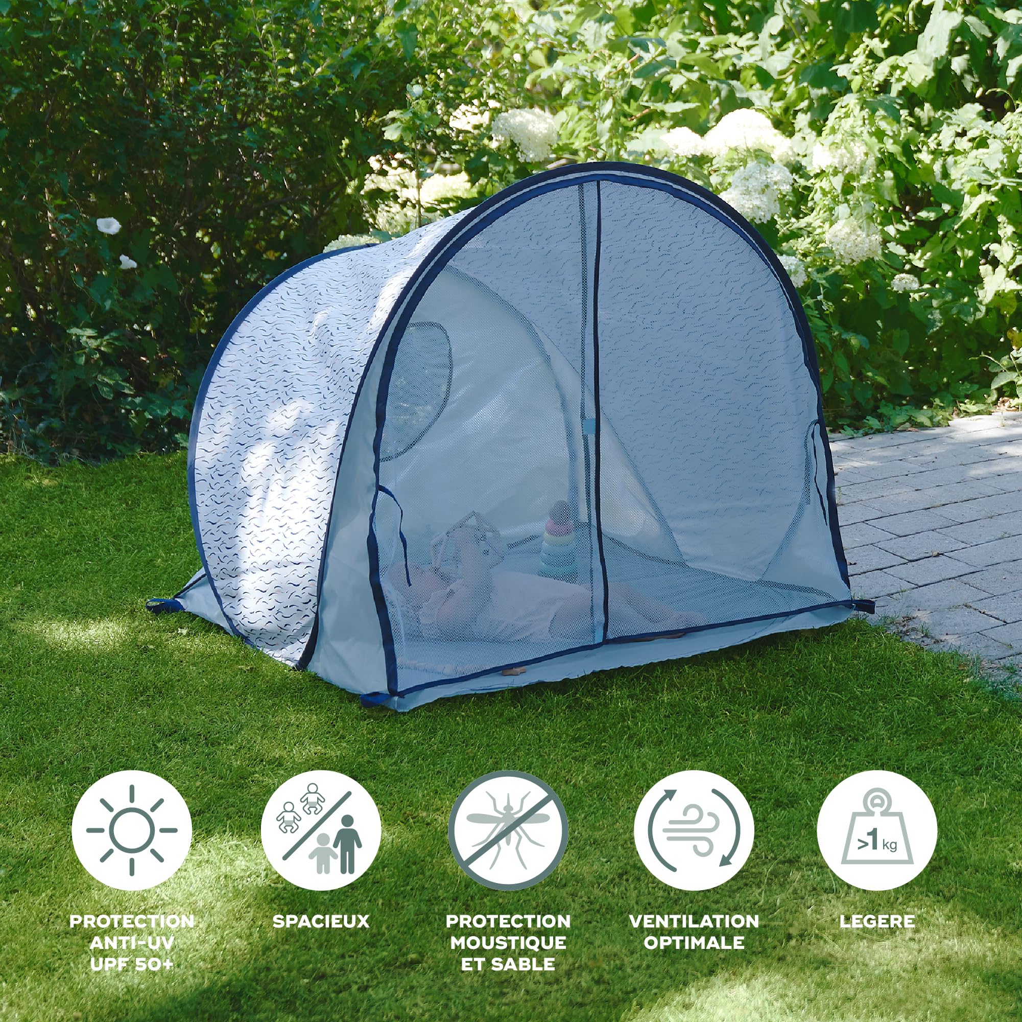 Babymoov Tente Anti-UV Bébé - Haute Protection Solaire FPS 50+ - Moustiquaire Intégrée - Système Pop Up - Grande Tente de Plage, Blue Waves
