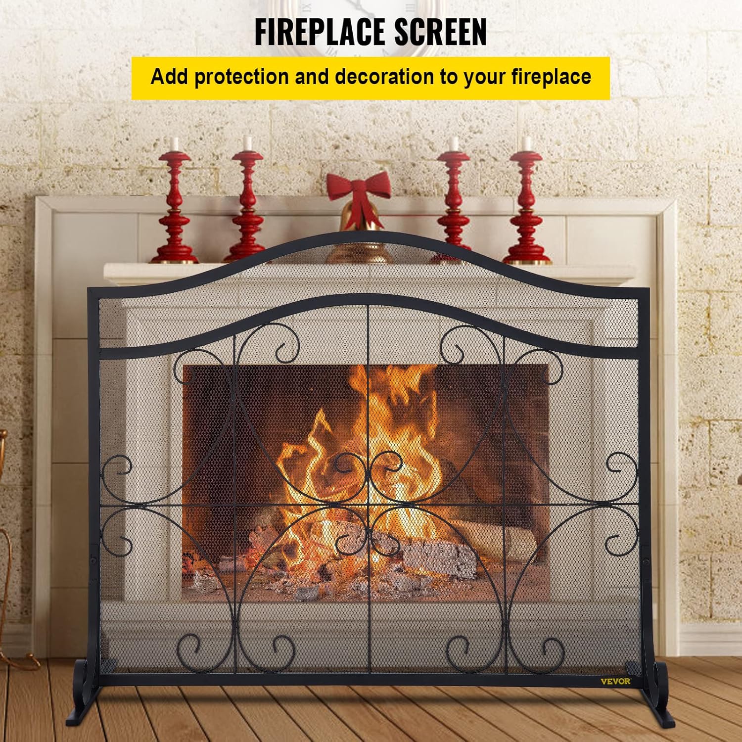 VEVOR Fireplace Screen, 38 x 26.5 Inch,Heavy Duty Iron Freestanding Spark Guard with Support, Metal Mesh Craft, Broom Tong Shovel Poker Included for Fireplace Decoration & Protection, Black