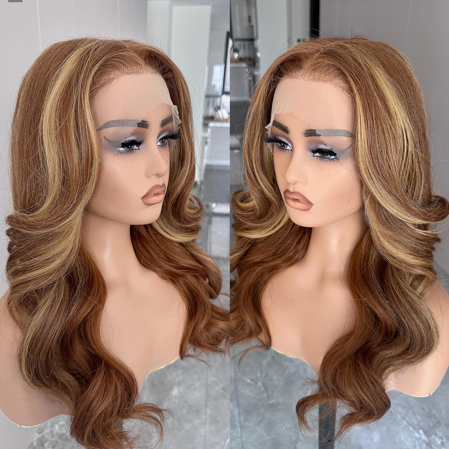 BLL Honey Blonde Lace Front Wig, 13X6 Body Wave Brown and Blonde Glueless Lace Front Wig Pre Plucked Blonde Highlights Ombre Natural Hairline Free Part Wigs For Black Women