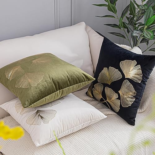 Miniatura 4 de Juego de 2 fundas de almohada de terciopelo sólido con diseño de hojas de ginkgo dorado (18 x 18 pulgadas, negro)