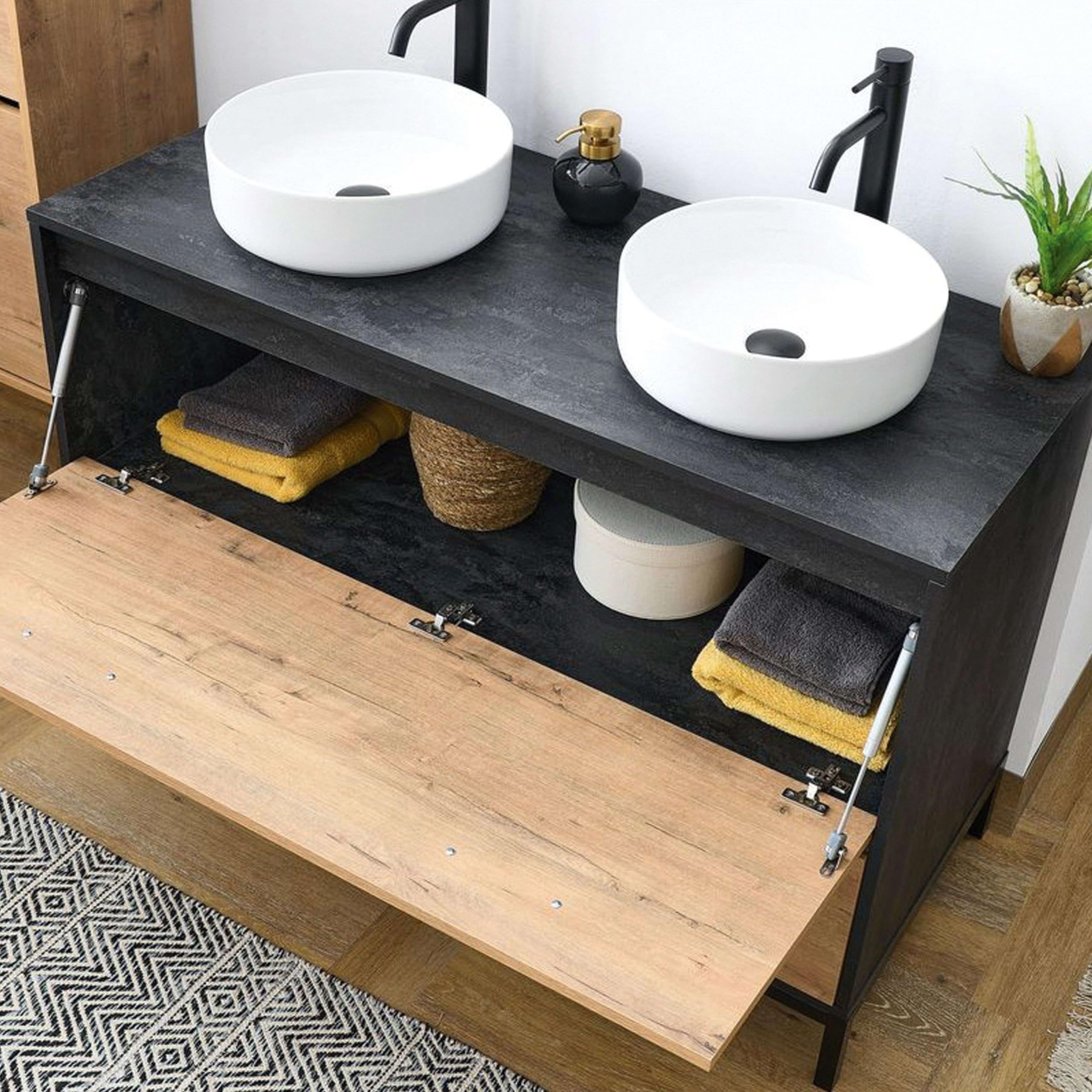 Muebles Pitarch | Mobile da bagno doppio, larghezza 120cm, industriale, Nero e Rovere Gold, con struttura a piedi, 2 cassetti e 1 porta, per lavabi da appoggio, modello Sena