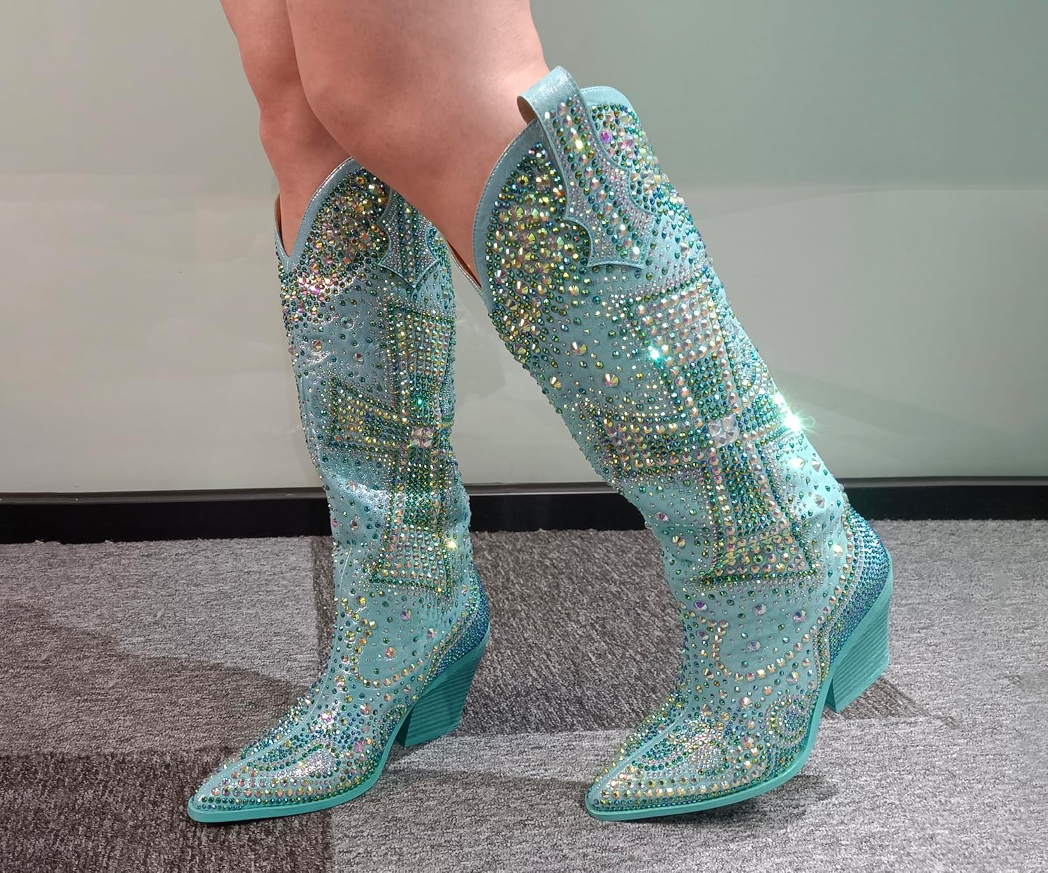 Women's Fashion Rhinestone Cross Western Knee-High Cowboy Boots - Faux Leather, 9CM Chunky Heel, Pointed Toe