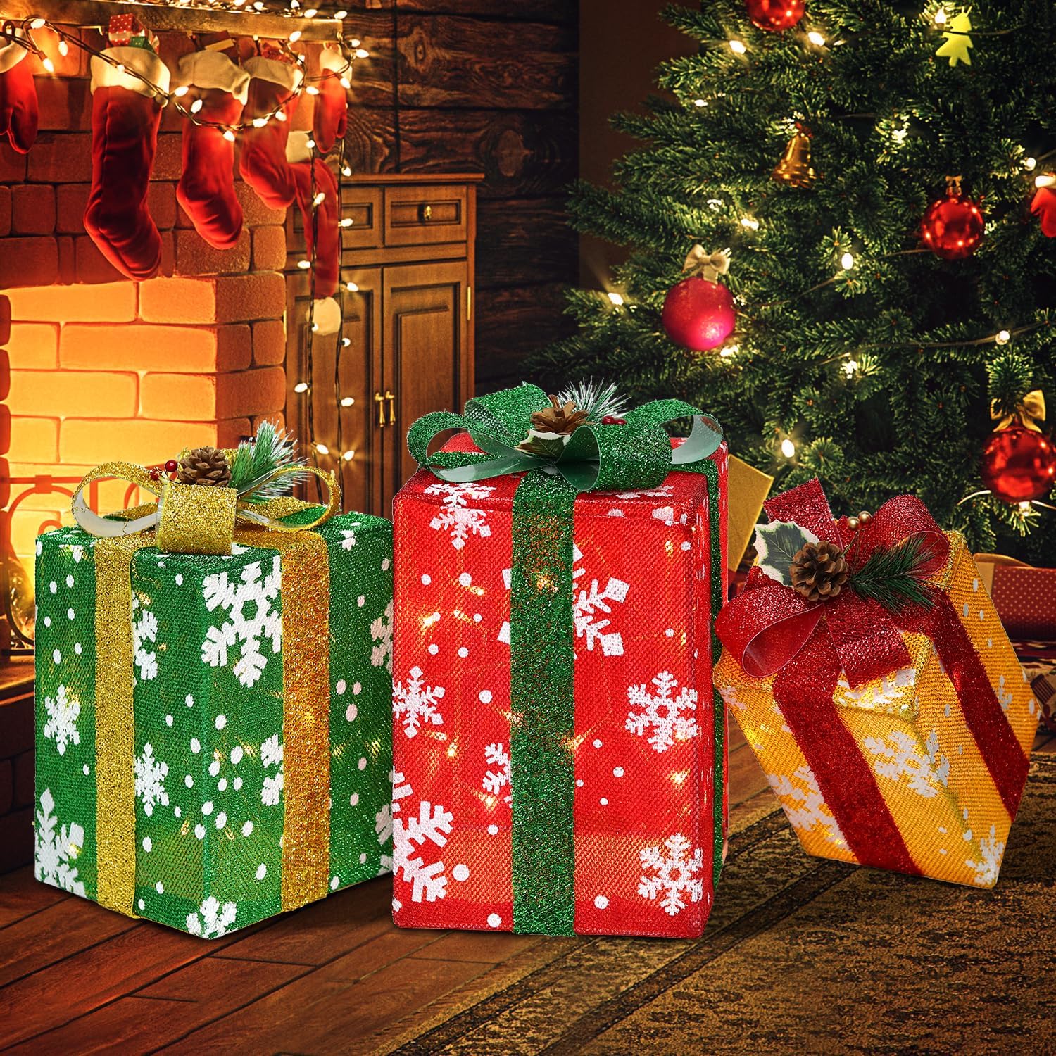 DomKom Set of 3 Tall Christmas Lighted Gift Boxes Decorations - Plug in 60 LEDs Present Box - Rectangular Light Up Xmas Tree Skirt Ornament Outdoor/Indoor Vertical Holiday Decor