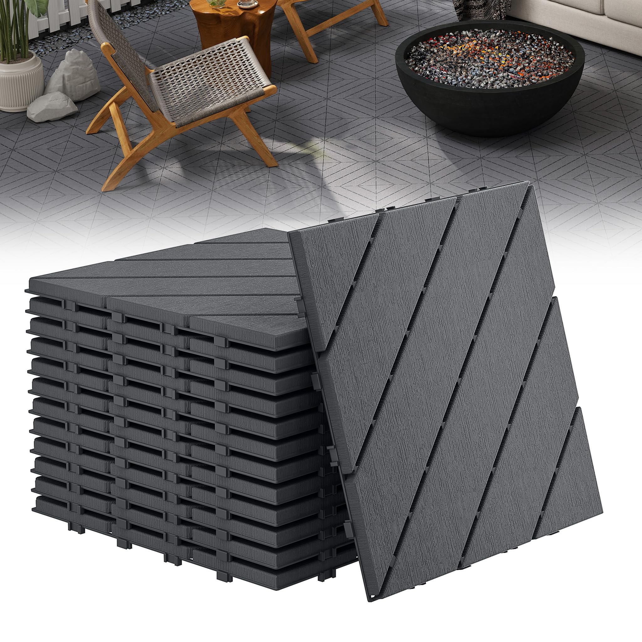 XMTECH Deski tarasowe z kompozytu WPC 30 x 30 na klik, 5 m², odporna na promieniowanie UV, wykładzina podłogowa, płytki tarasowe, na taras, balkon, do ogrodu i basenów, typ C, antracytowe, 55 sztuk