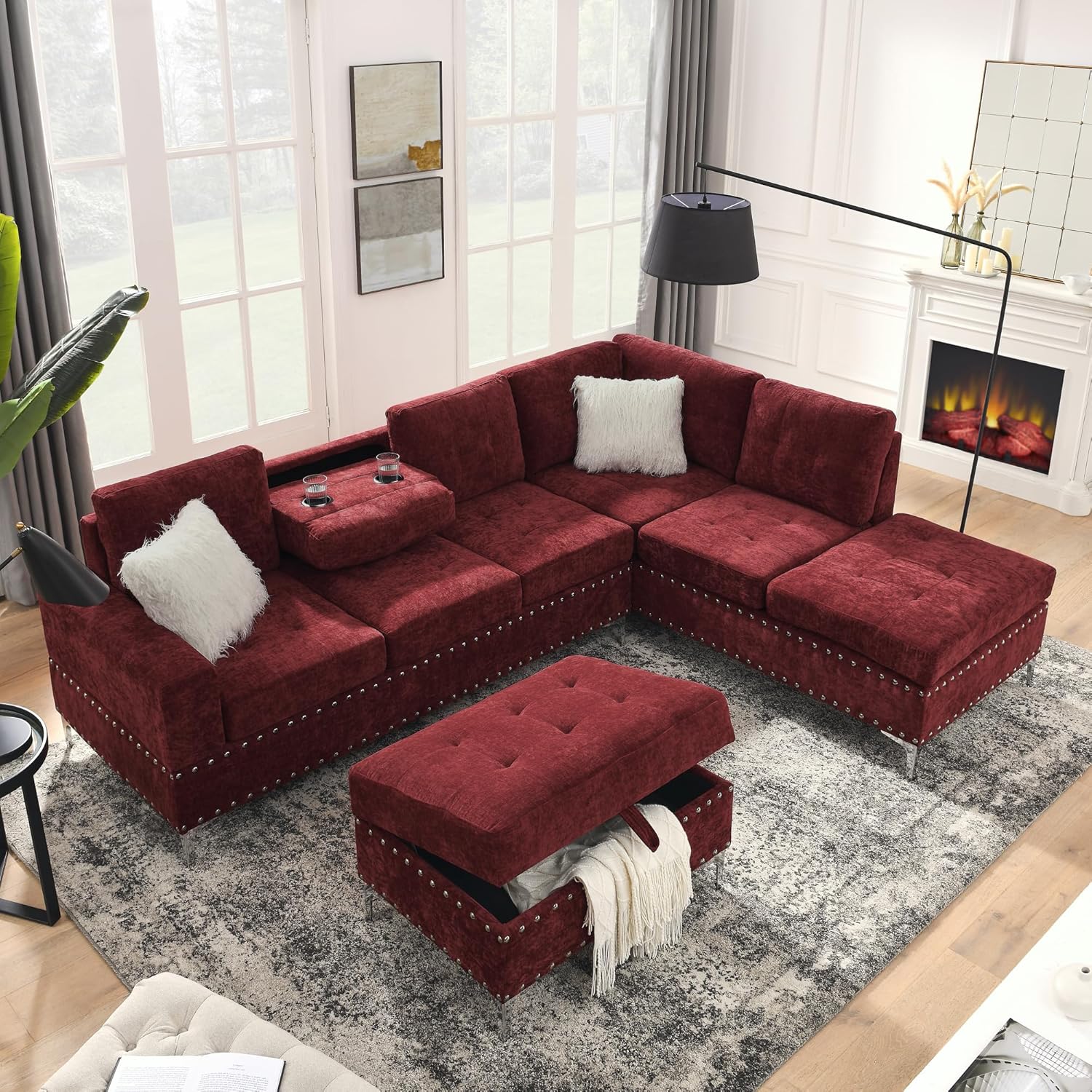Living Room Furniture Sets, L-Shape Sectional 5-Seater Sofa with Extra Wide Reversible Chaise, Storage Ottoman and Cup Holders and Copper Nails, 2 Pillows, Claret