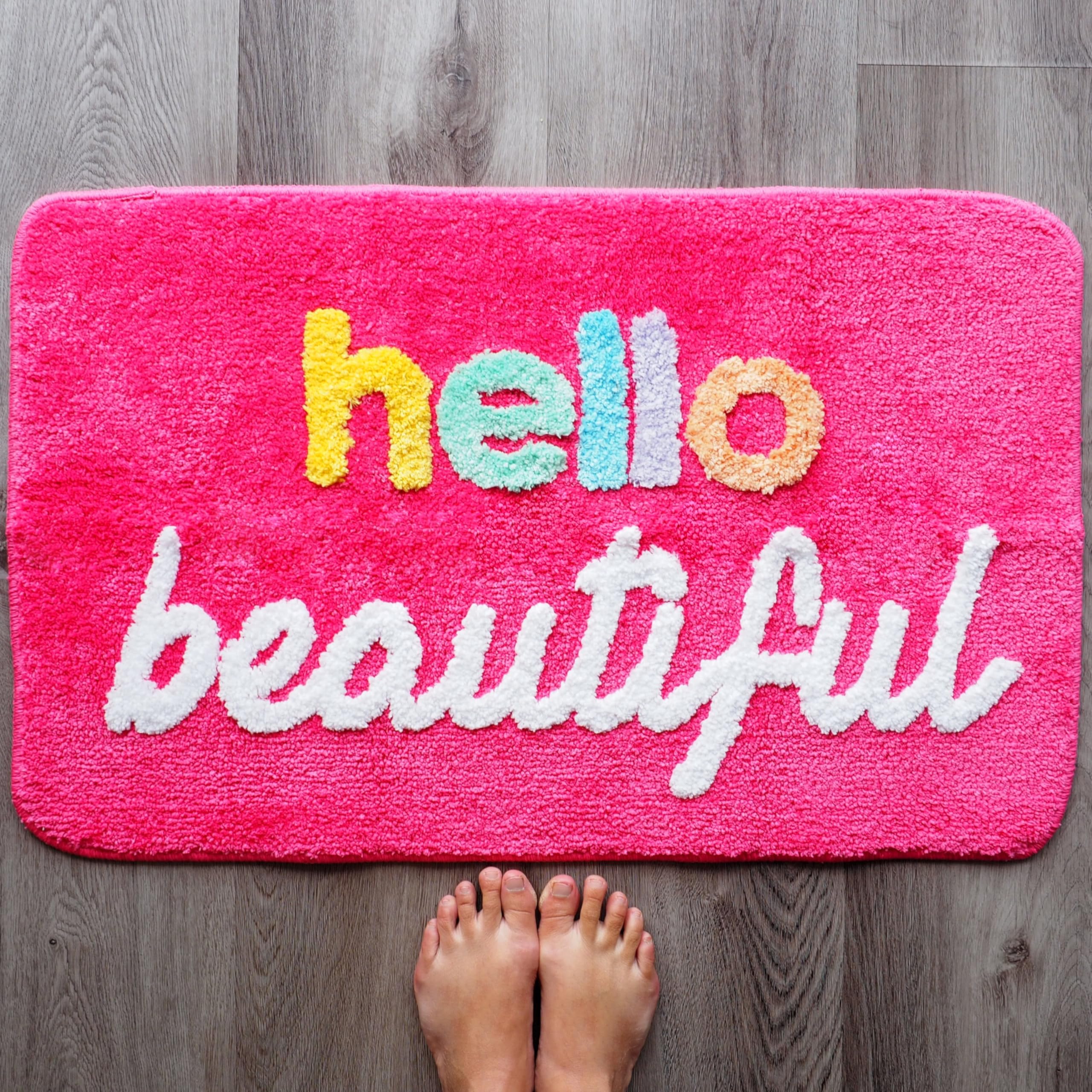 Evovee Hello Beautiful Bath Mat Cute Bathroom Rugs for Girls You Look Good Gorgeous Funny Shower Fun Bathroom Decor Non-Slip Washable Kids Women Dark