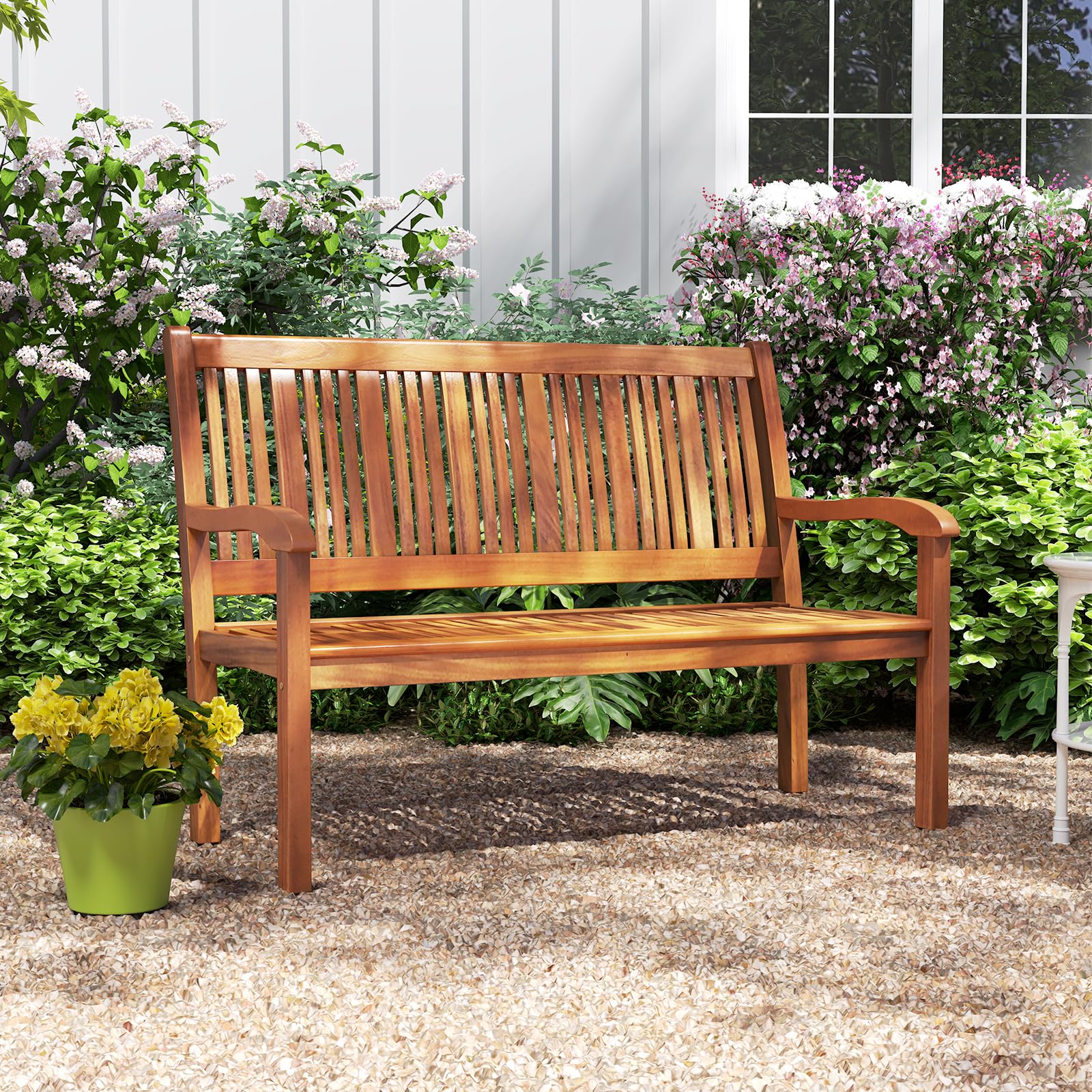 COSTWAY Banc de Jardin, Bois d’Acacia, 126 x 63 x 91 cm, Charge 322kg, 2 Personnes, Dossier Incliné, Accoudoir Incurvé, Banc Exterieur Jardin pour Terrasse Porche Cour