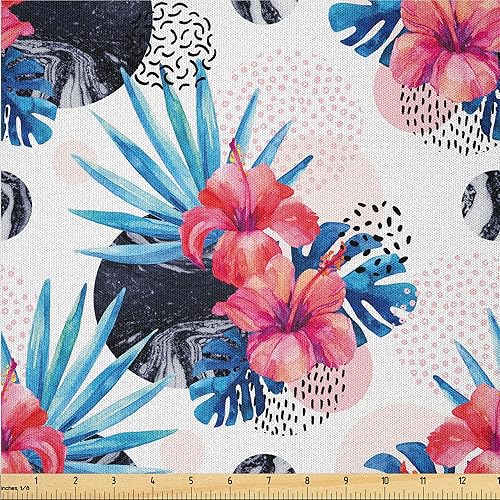 Miniatura 27 de Ambesonne The Yard, Pop Art Inspirations, Siluetas exóticas de hojas de palmera, colores ondulados, tela de microfibra para artes y manualidades,