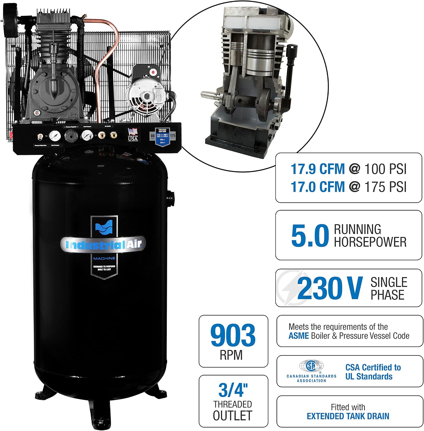 Industrial Air IV5048055 Vertical 80 gallon Two Stage Cast Iron Industrial Air Compressor