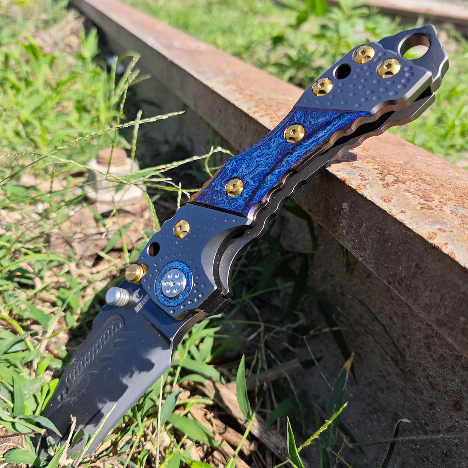 Behawk Folding Knife,Axe Blade Design,Titanium Alloy Handle,Manual Opening Large Folding Knife with Clip,Glass Breaker,EDC For Outdoor Camping Hiking Fishing Hunting