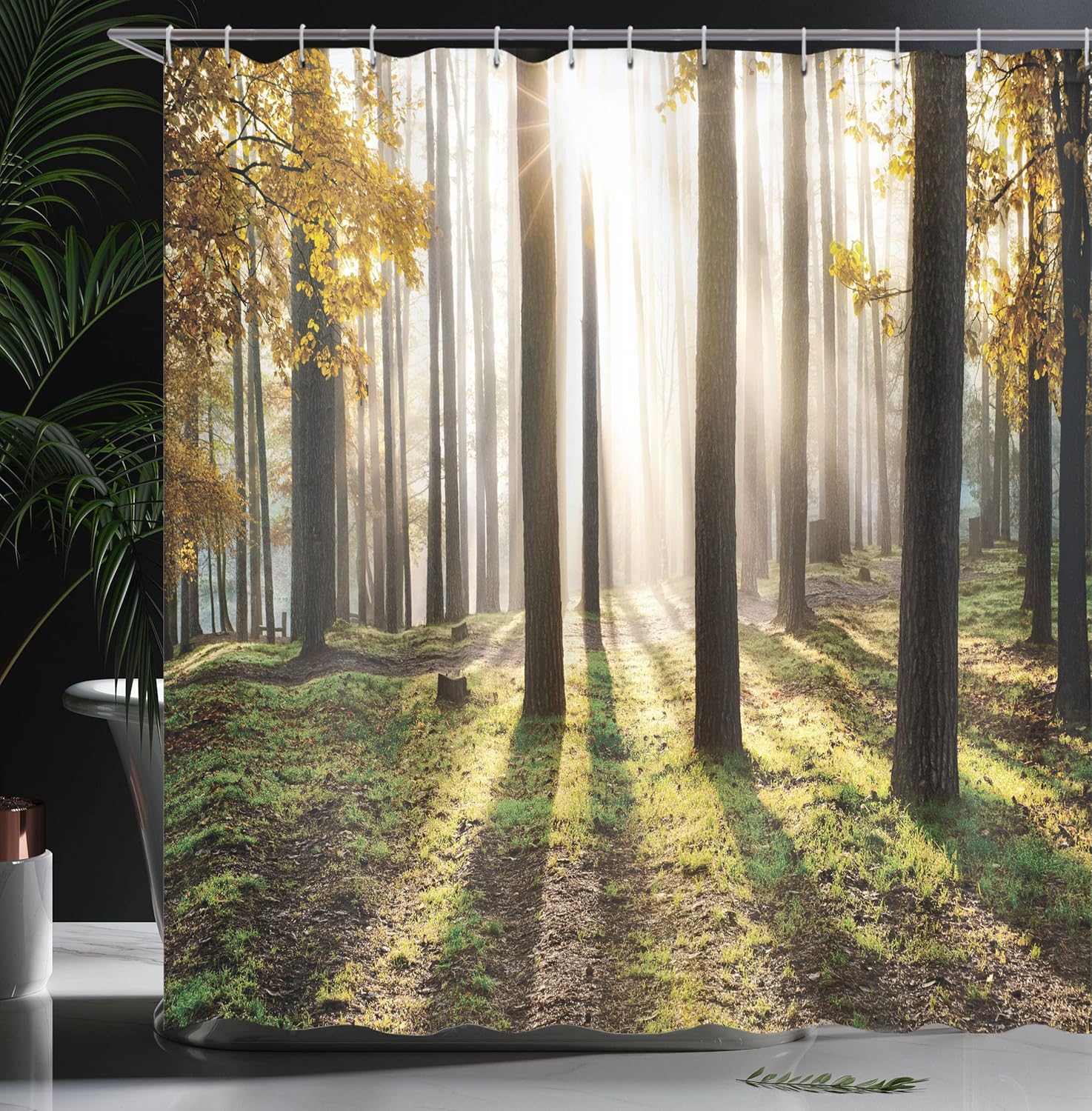 Ambesonne Forest Shower Curtain, Landscape Sunrise in The Forest Leaves in Seasonal Woodland Scenery Photo, Cloth Fabric Bathroom Decor Set with Hooks, 69" W x 70" L, Yellow Green Brown