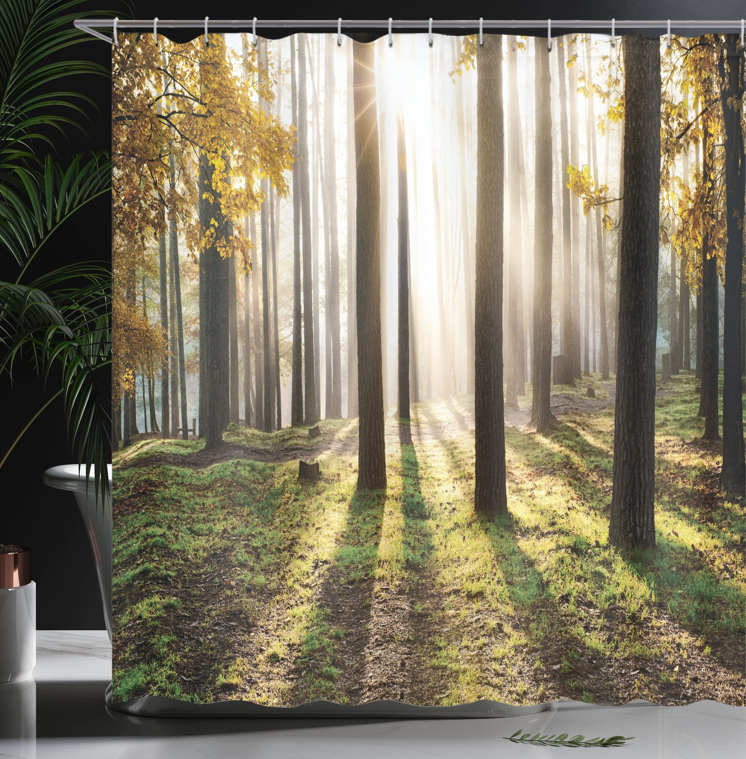 ABAKUHAUS Forest Shower Curtain, Landscape Sunrise in the Forest Leaves in Seasonal Woodland Scenery Photo - Image 3