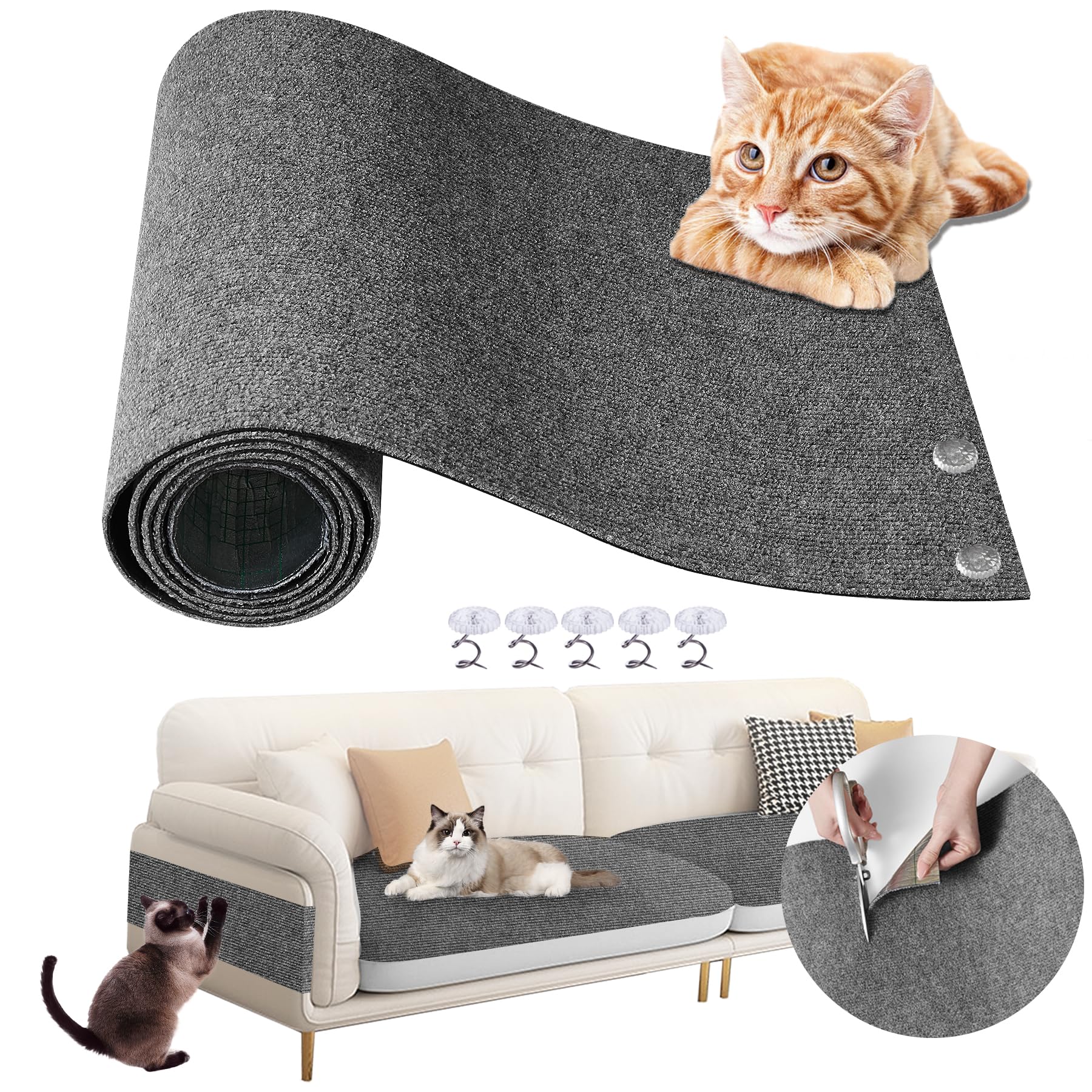 47.2"x15.8" Cat Scratching Mat Self-Adhesive, Trimmable Post Carpet to Protect Furniture Walls or Floors, Cover Climbing Frame, Easy to DIY Size (Gray)