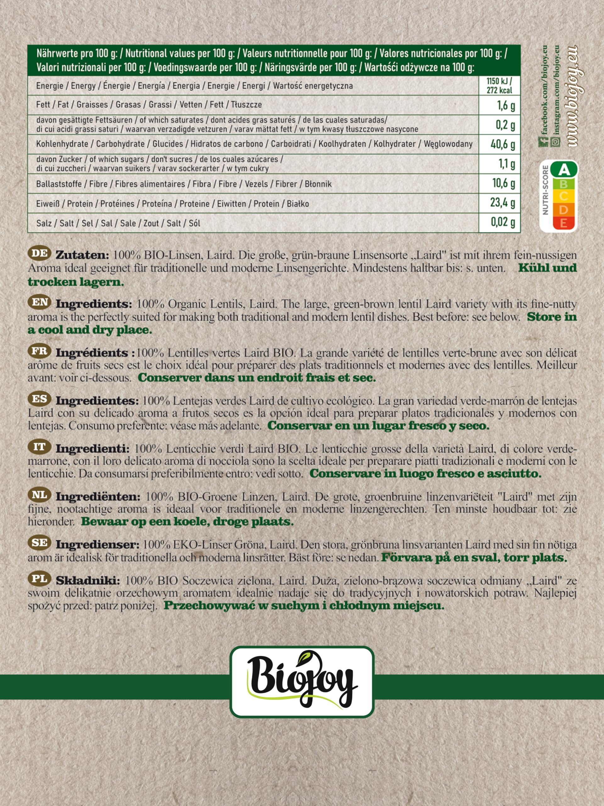 Biojoy Lentejas verdes Laird (2,5 kg), crudas y enteras, sin aditivos