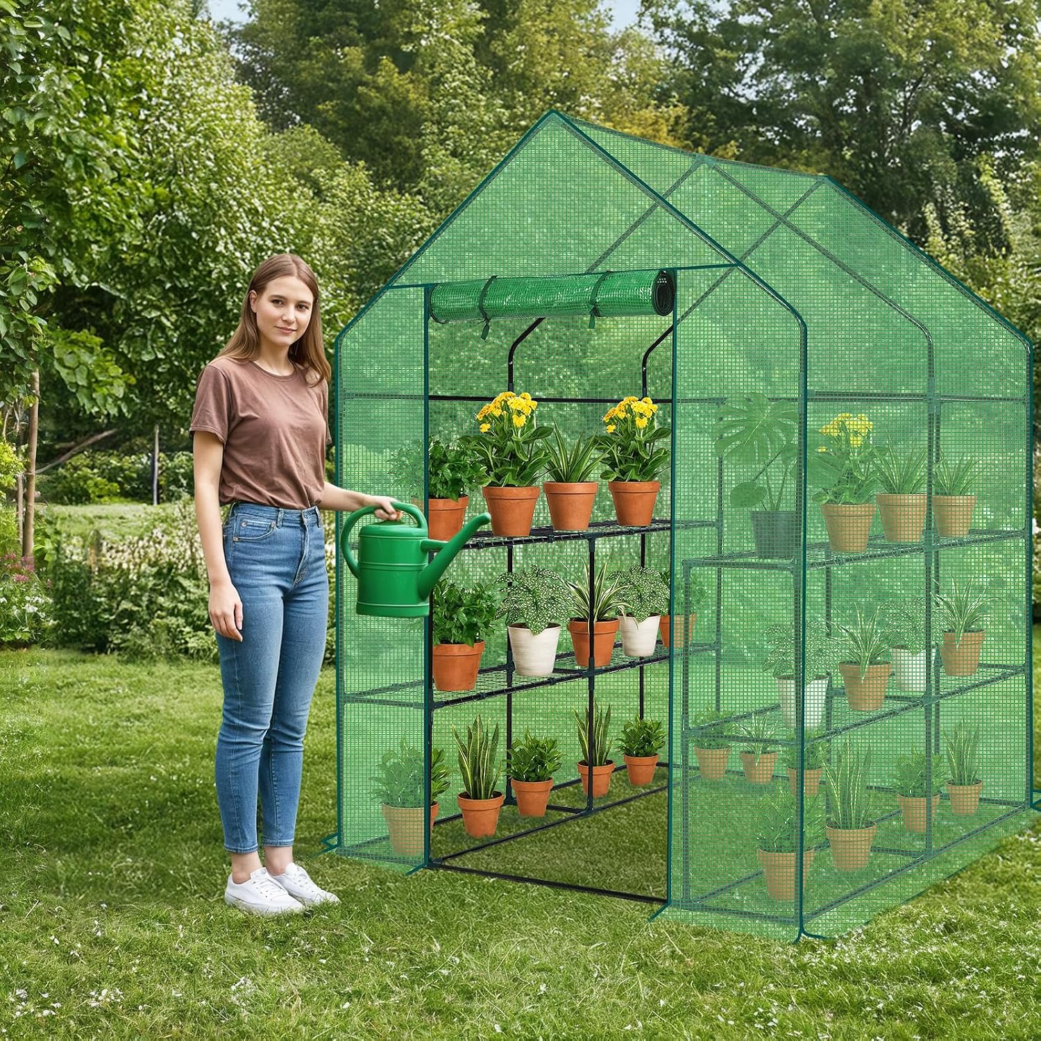 Outvita Walk-in Greenhouse, Outdoor Durable PE Plant Green House for Frost Protection with 3 Tiers 8 Shelves, Shelf Clips, Roll-up Zipper Door, 56"x56"x77" Green