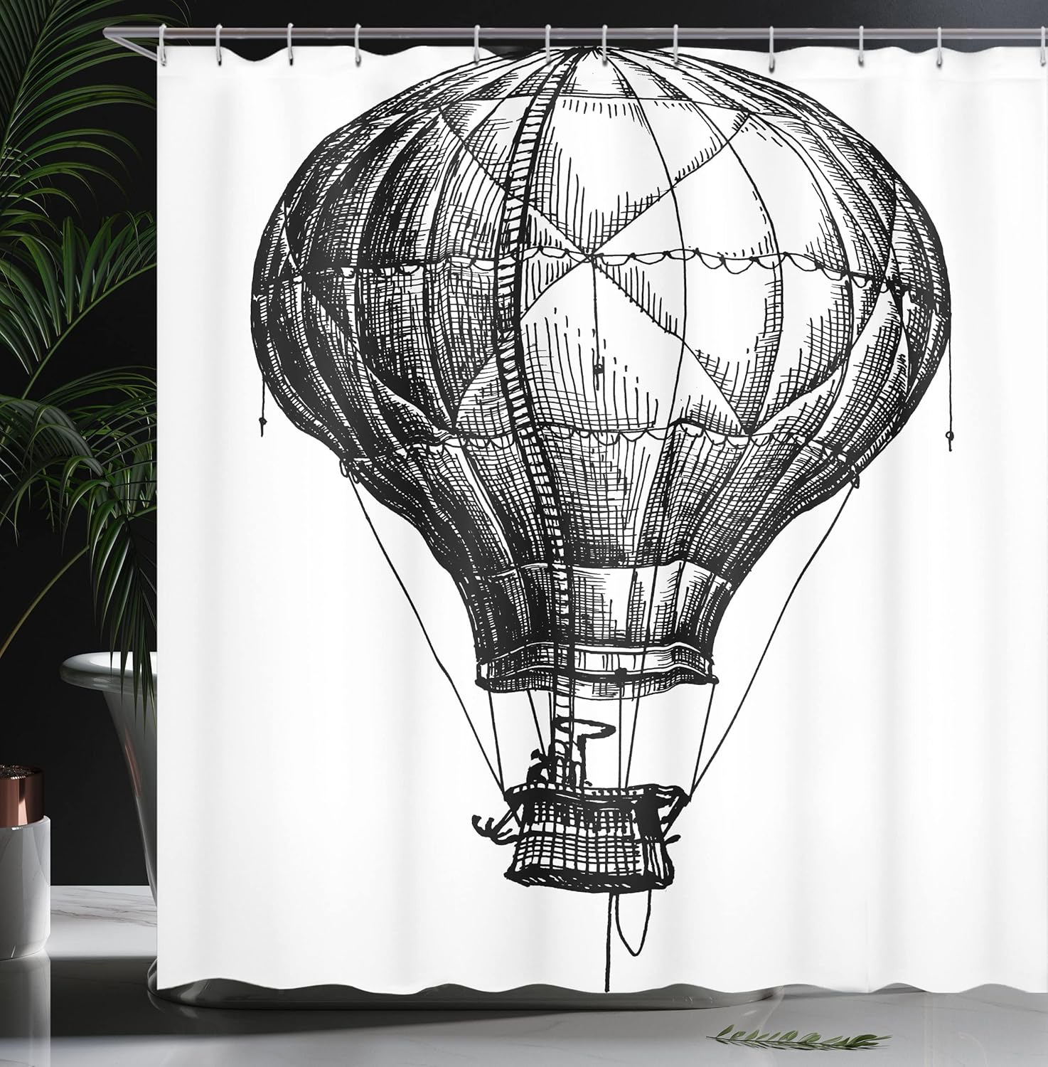 Ambesonne Sketchy Shower Curtain, Big Hot Air Balloon in The Sky Vintage Style Travel and Transportation Theme Art, Cloth Fabric Bathroom Decor Set with Hooks, 69" W x 75" L, White Black