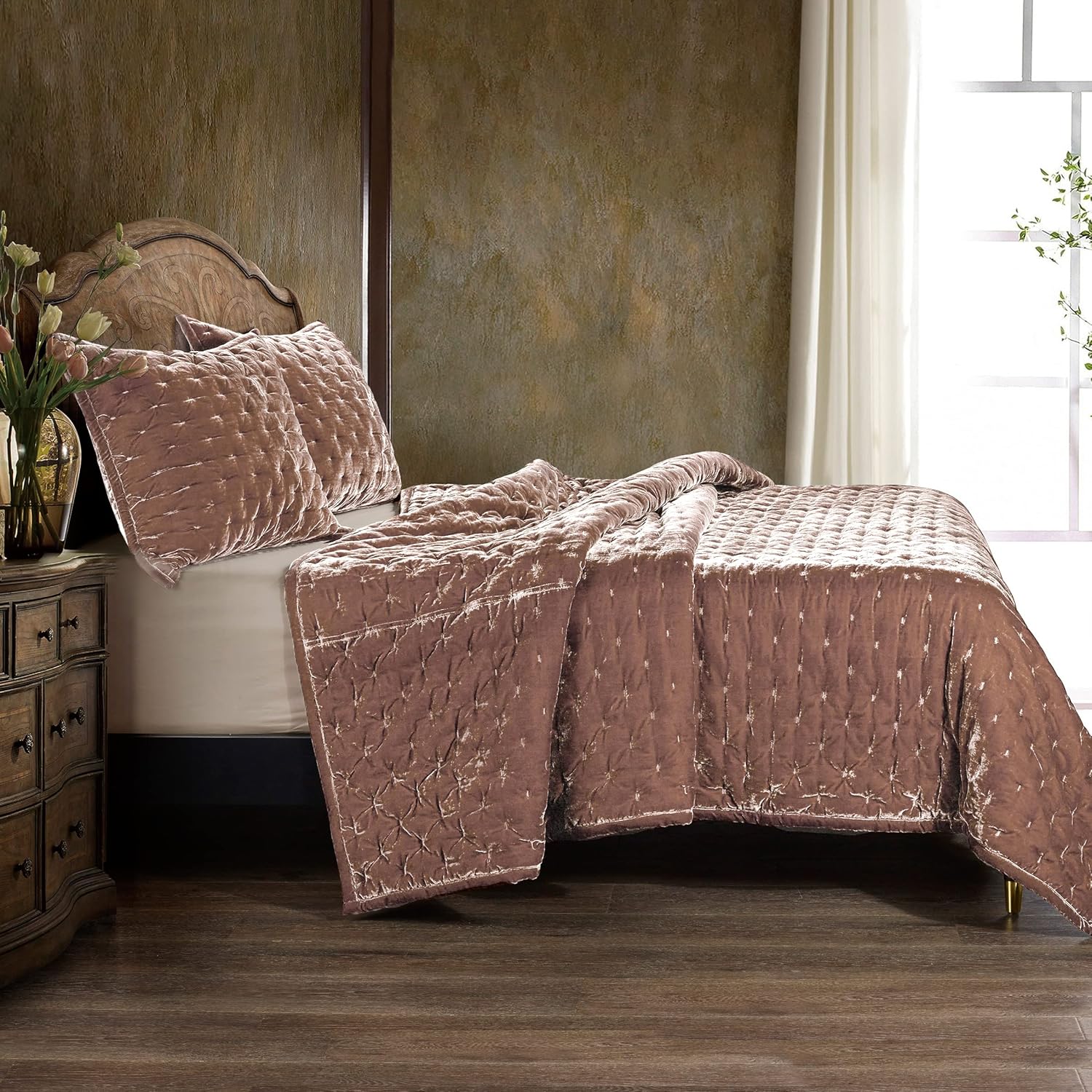 HiEnd Accents Stella Faux Silk Velvet Pillow Sham, King, 21x34 inch, Stone, Romantic Western Modern Traditional Style Luxury Bedding