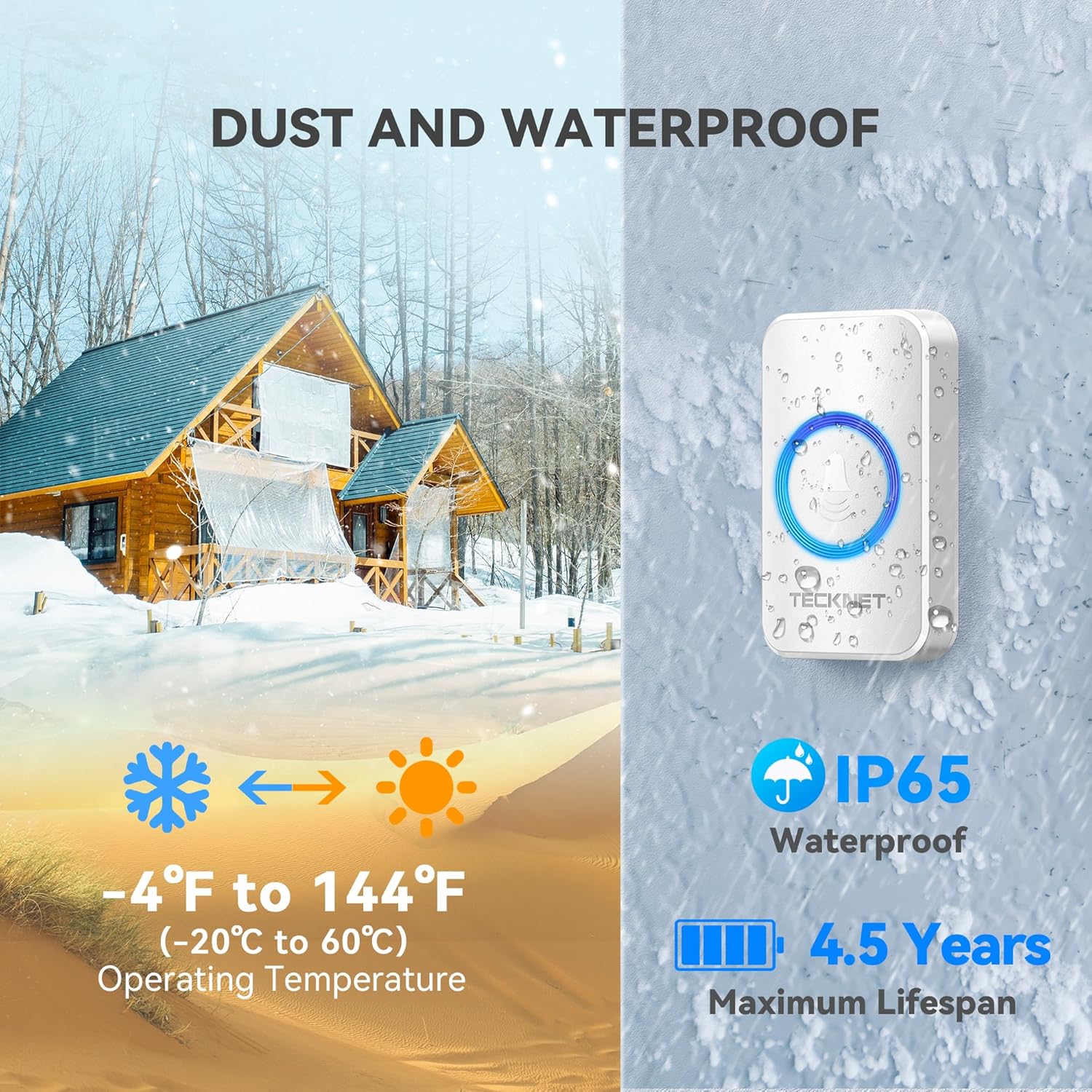 Infographic showing 60 chime tunes, 5 volume levels, 3 working modes, and 0-120dB volume range.