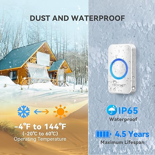 Miniatura 4 de TECKNET Timbres inalámbricos para el hogar, timbre de puerta impermeable IP65 con rango de 1300 pies, kits de timbres de aula de 0 a 120 dB con 60