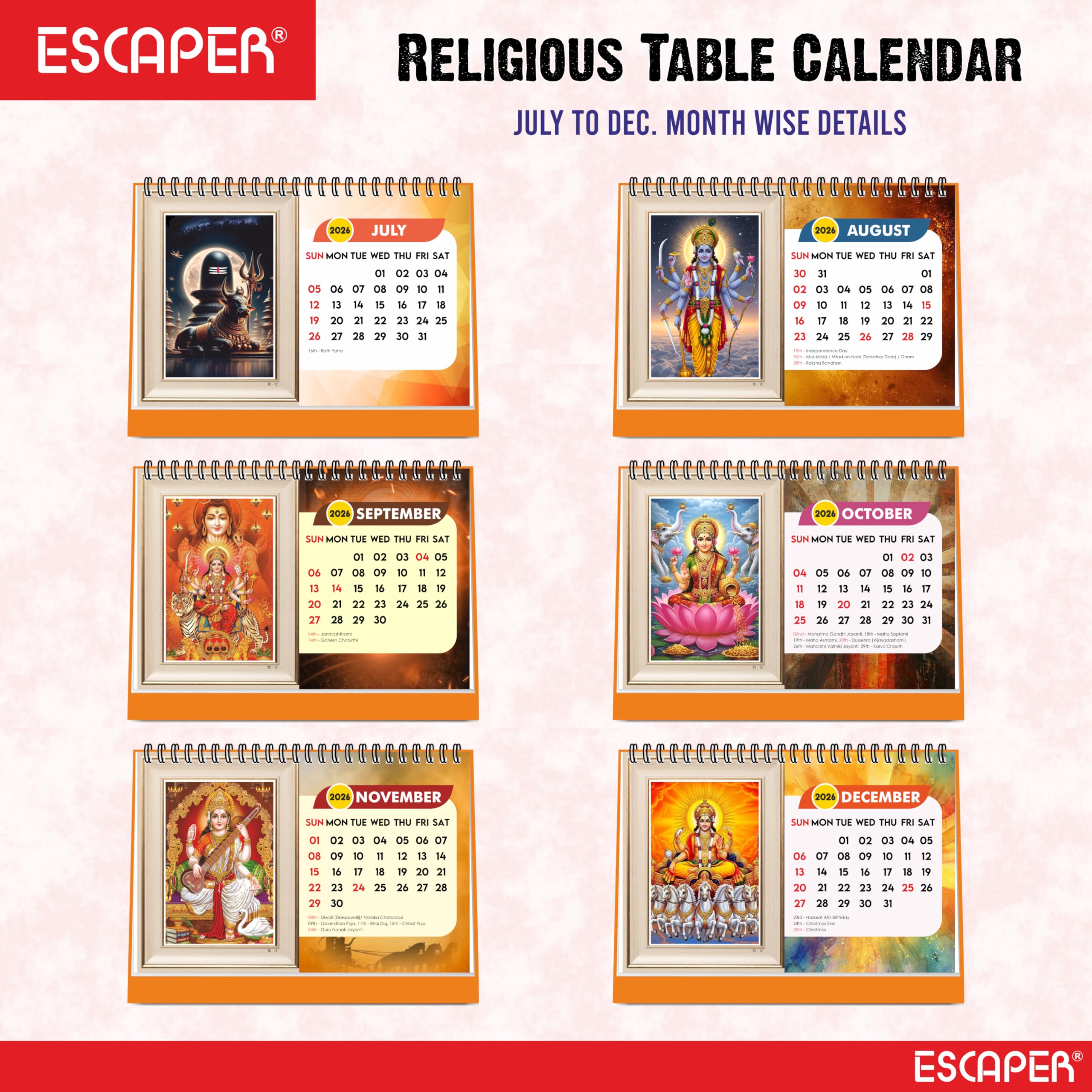 ESCAPER Tischkalender 2026 Hindu-Götter (A5) - Lord Ram, Lord Hanuman, Laddu Gopal & Lord Ganesha Tischkalender, spiritueller & religiöser Tischkalender für Zuhause & Büro