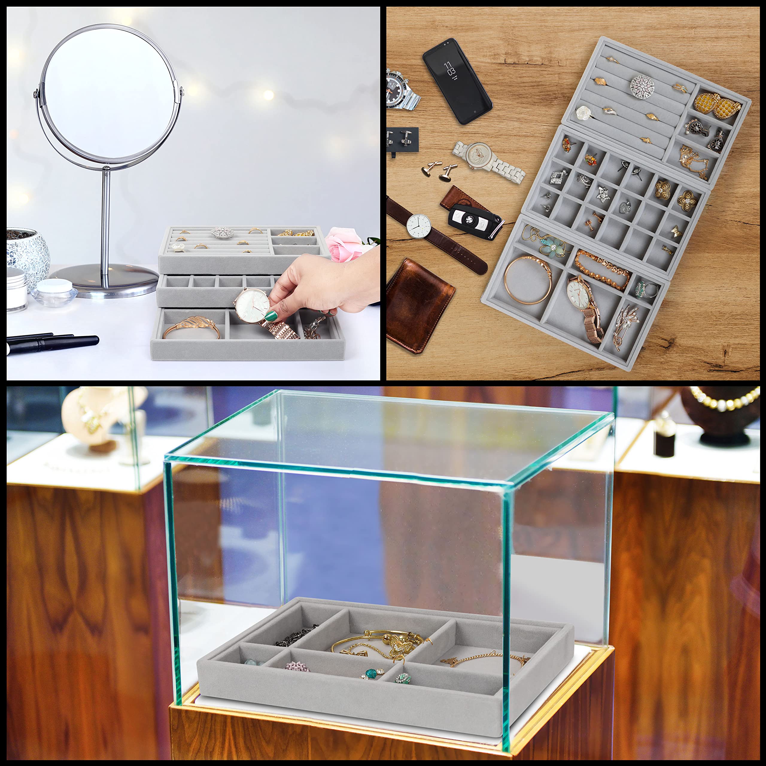 Belle Vous Szary aksamitny skórzany organizer na biżuterię, tacki do przechowywania (9 sztuk) - 12,3 x 21 cm - pudełka ekspozycyjne do szuflad komody na naszyjniki, pierścionki, bransoletki i kolczyki