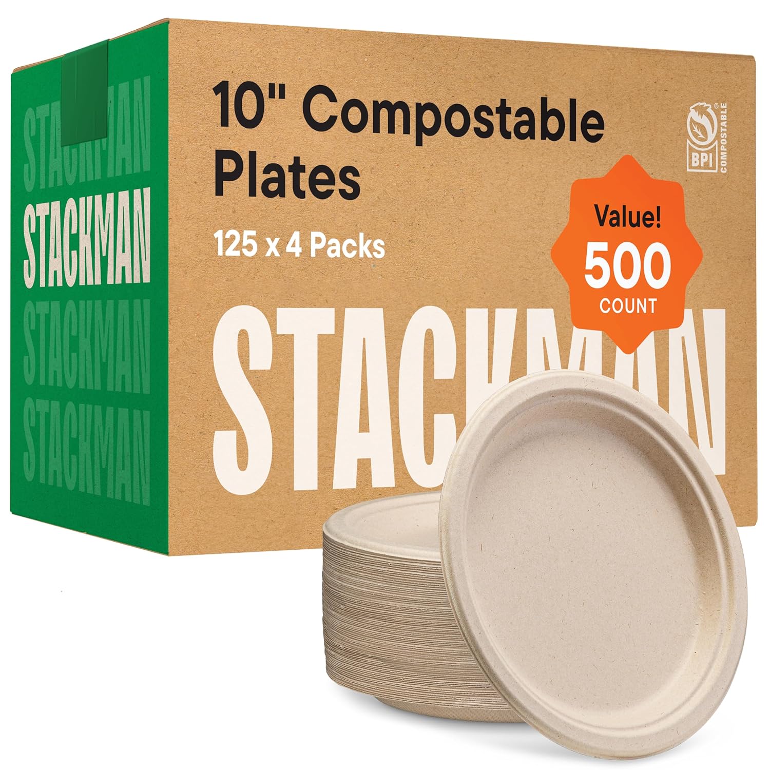 10 inch compostable sugarcane plates, 500 bulk