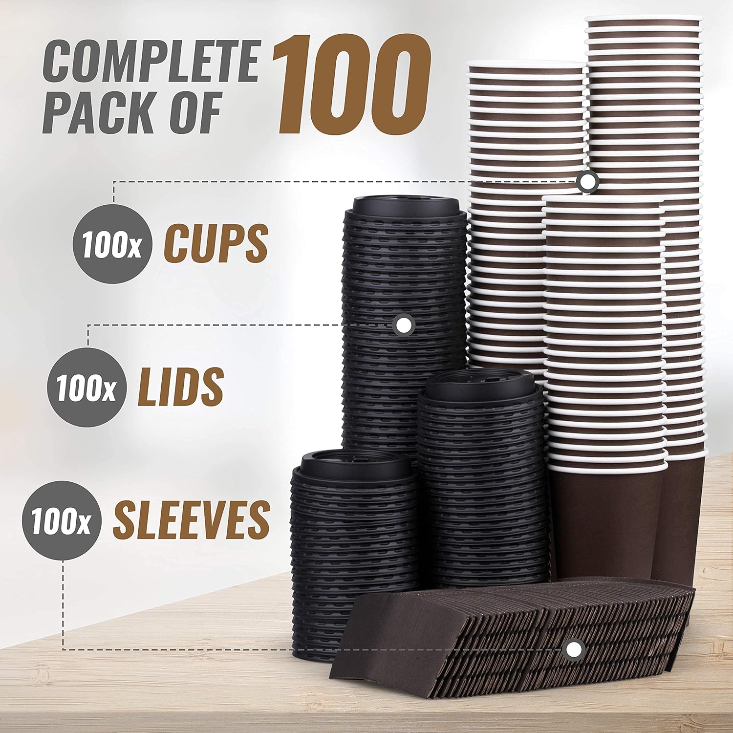Promora 16 oz Disposable Brown Coffee Cups with Lids & Sleeves, Premium Paper Cups (100 Pack)