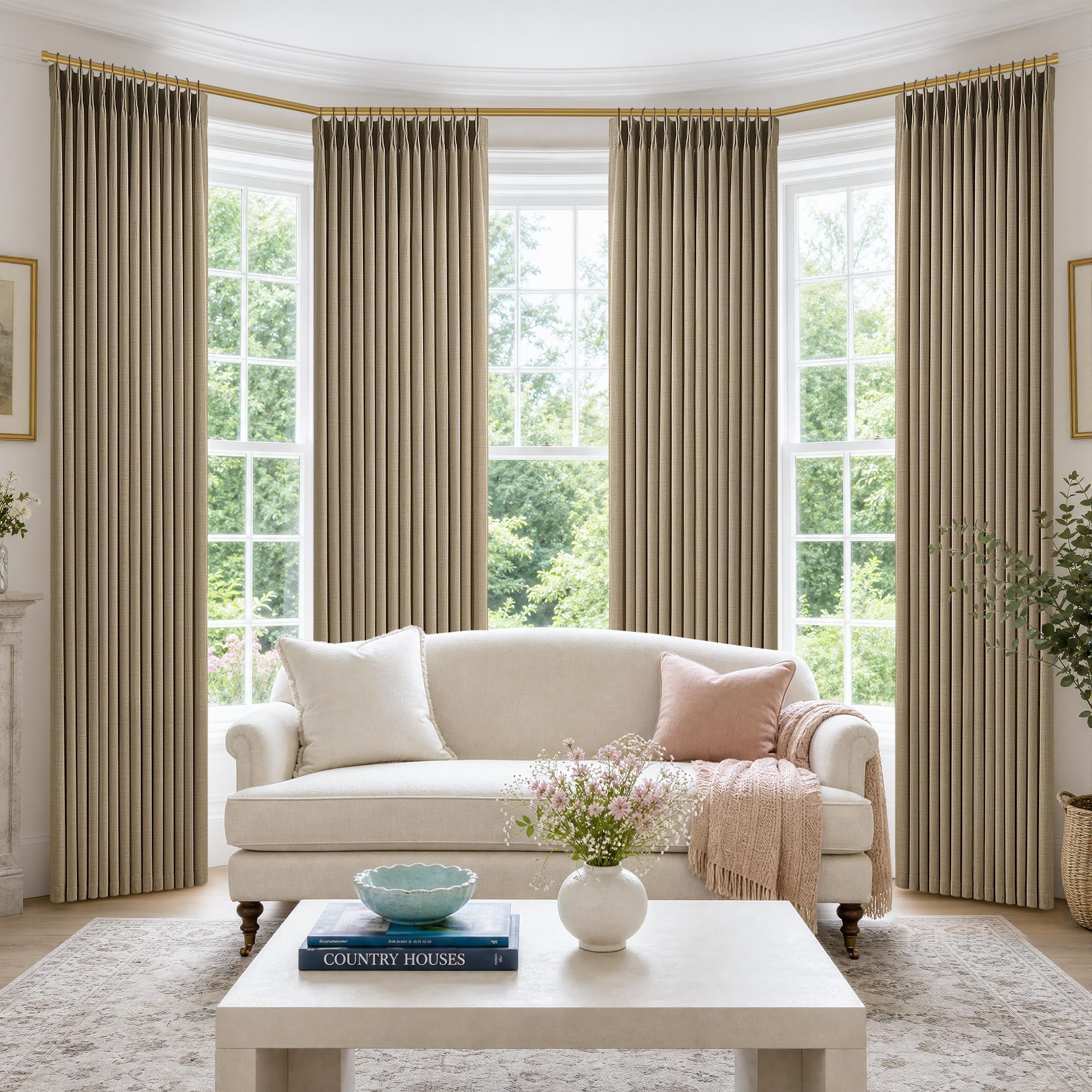 Photo 1 of Pleated Light Brown 105 Inch Semi Sheer Sliding Door Curtains 4 Panels