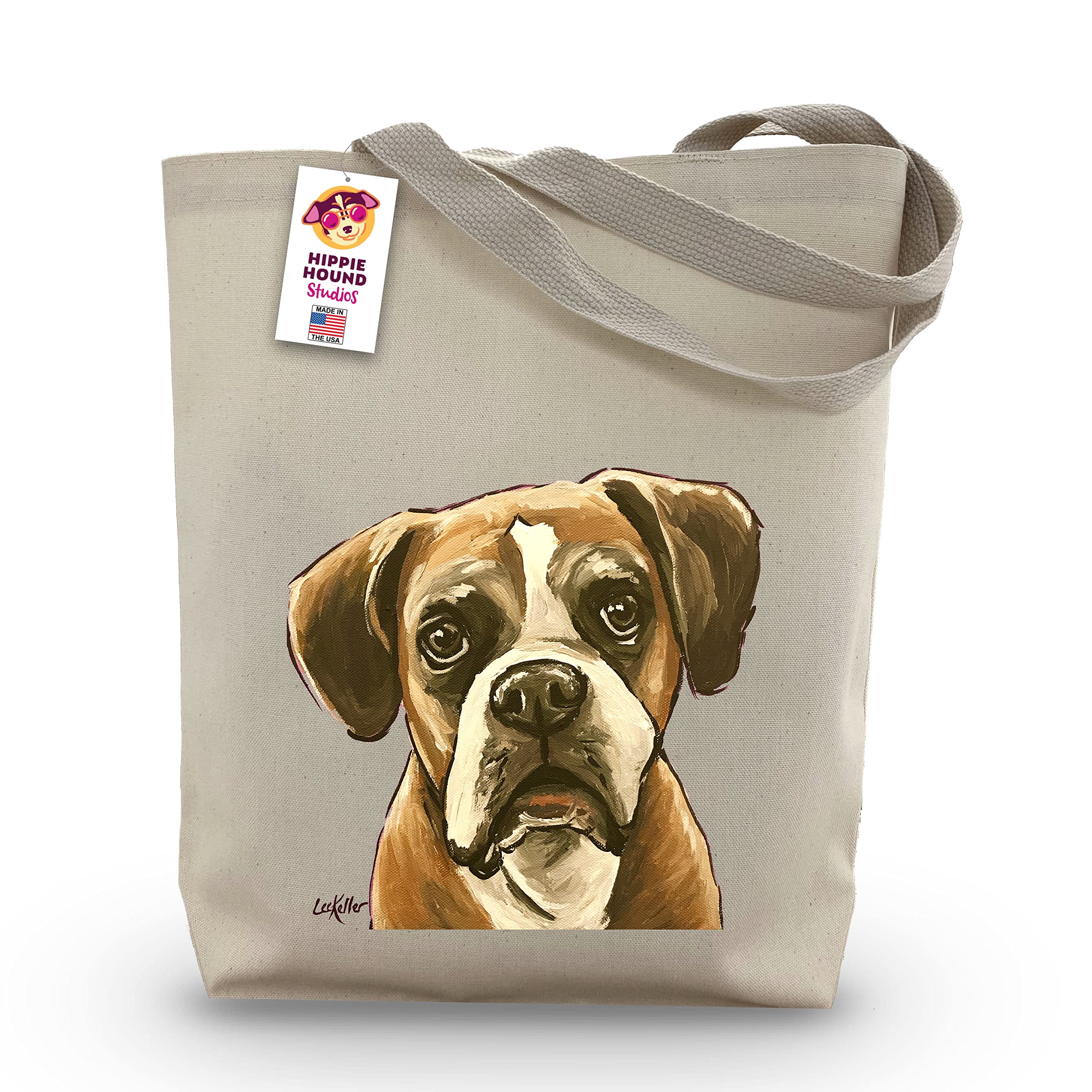 HIPPIE HOUND STUDIOS Boxer Tote Bag - Gifts For Mom - Boxer Lover Gift - Boxer Dog Gifts For Women -Handmade Totes - Dog Canvas Totes - Cute Boxer Reusable Shopping Bag - Shoulder Bag - Grocery Bag - Handbag - Beach Bag