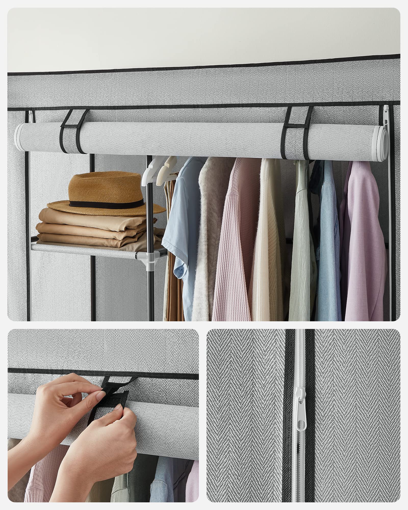 SONGMICS Armario de Tela, Armario de Ropa, con 1 Barra Colgante, 6 Estantes, Tela no Tejida, Marco de Metal, 45 x 105 x 168 cm, para Dormitorio, Pasillo, Gris con Diseño de Espiga RYG085G22