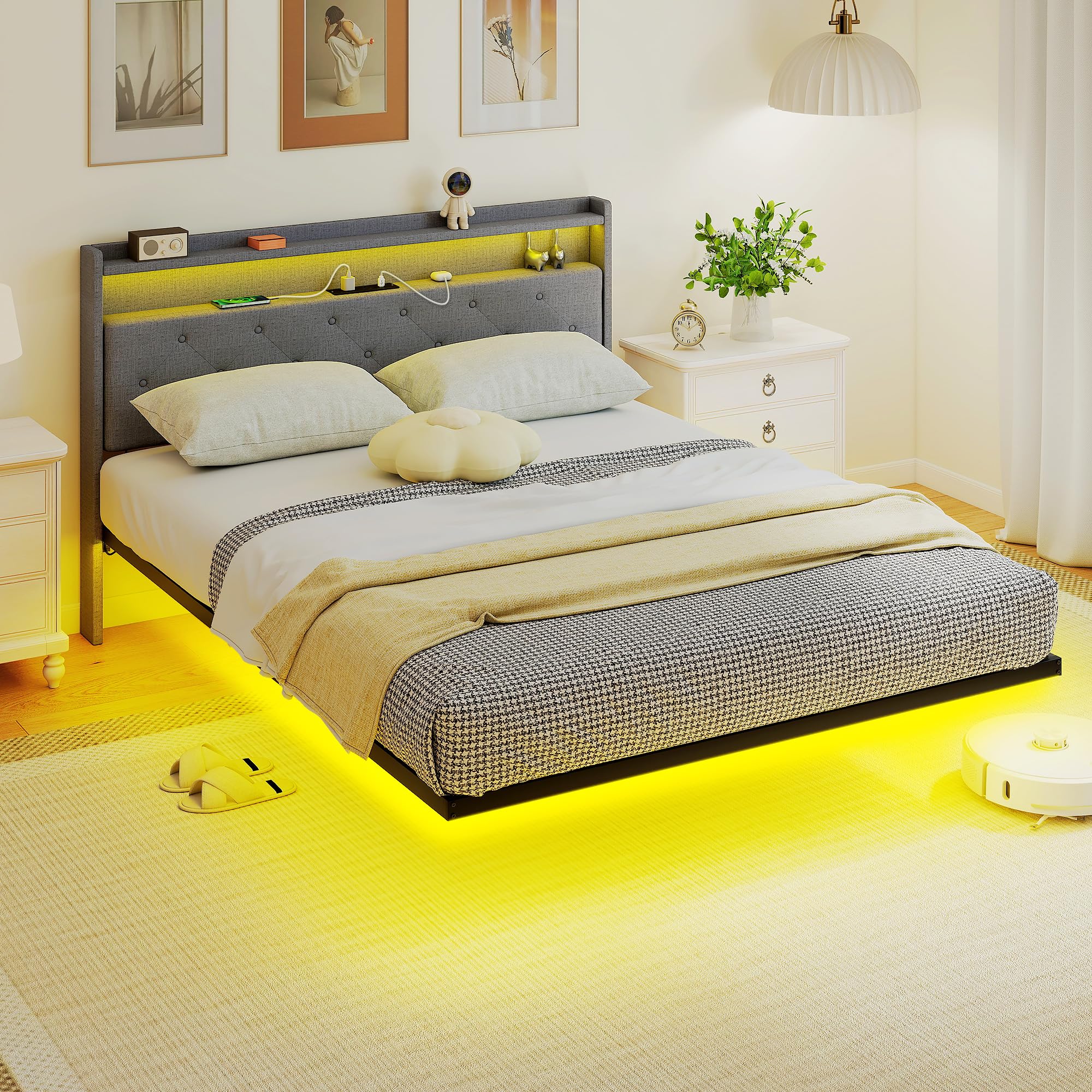 HOMCOM 5ft King Bed Frame Floating Bed Frame with RGB LED Lights Grey