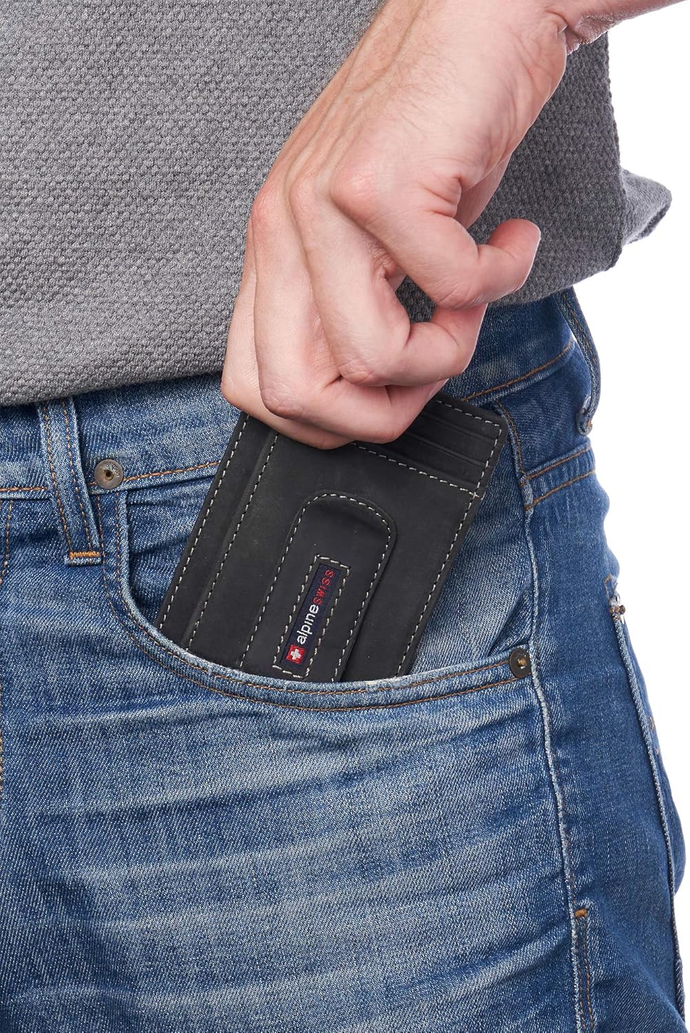 Alpine Swiss RFID Dermot Money Clip Front Pocket Wallet For Men Leather Hampton Collection Nubuck Black - Image 6