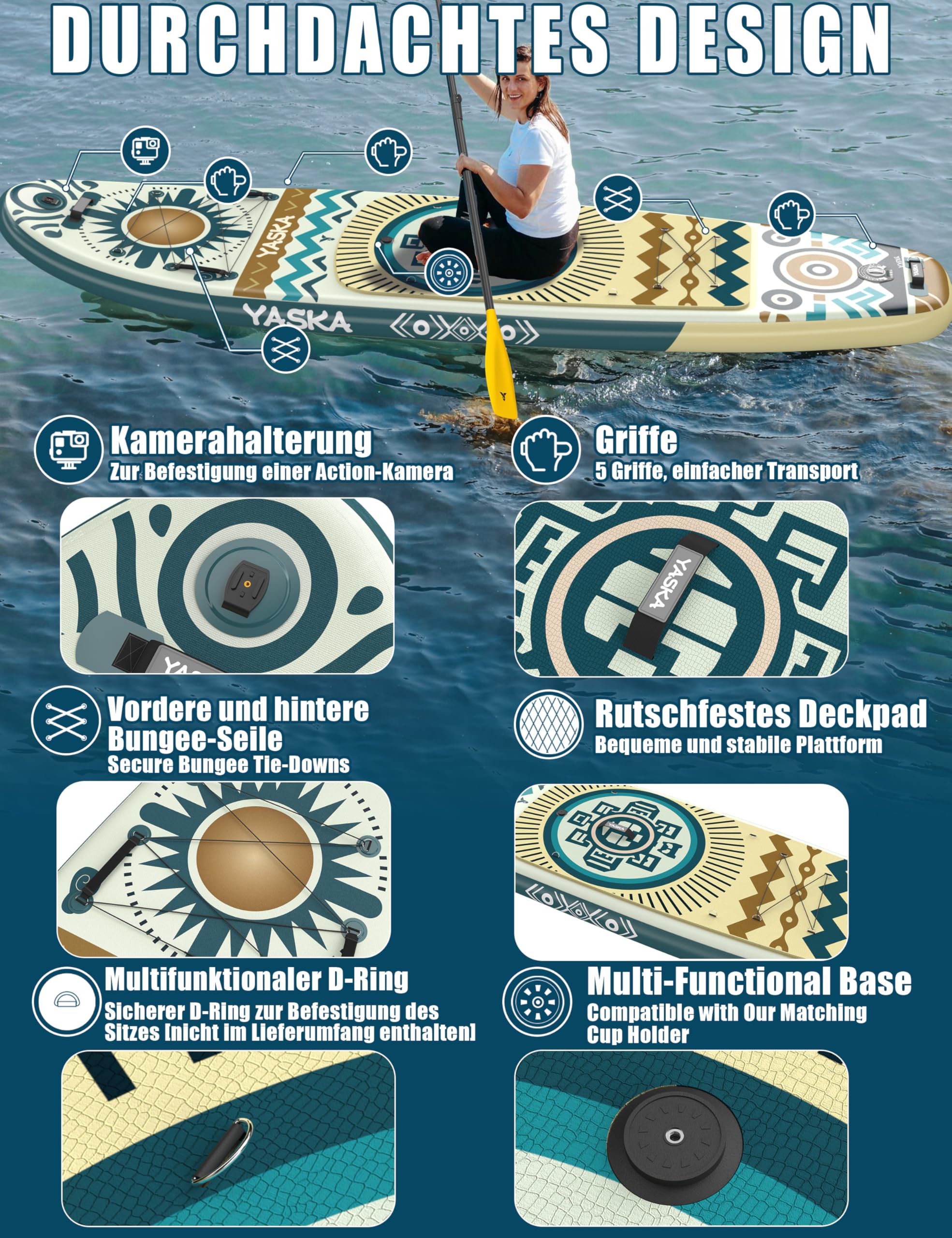YASKA Tabla Paddle Surf Hinchable,Stand Up Paddle Board Surf con Accesorios Remo,Bomba,Correa,Aleta para 2 Personas Familia Adultos