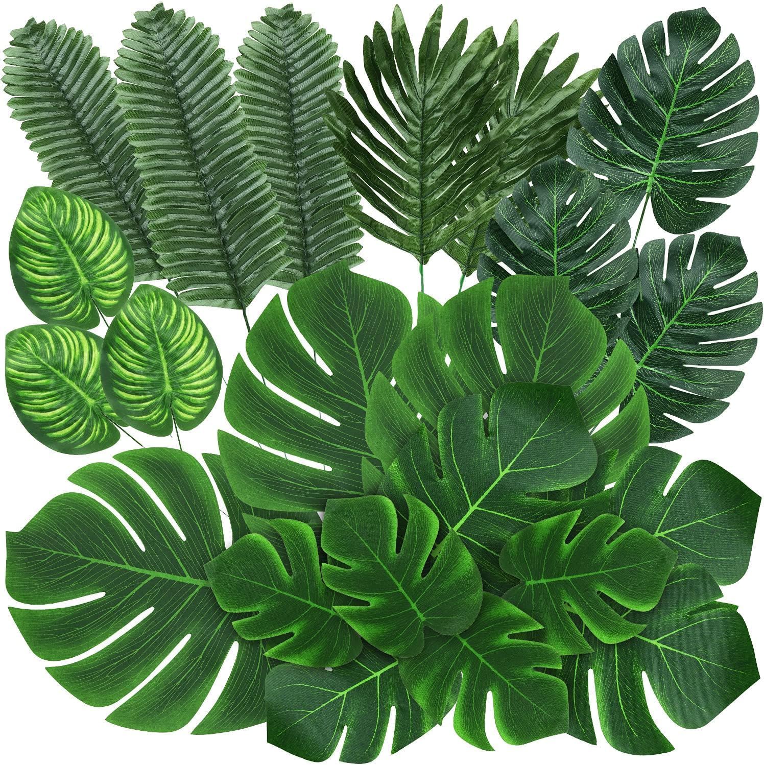 Kispatai Green 74 Pack Palm Leaves Artificial Tropical Monstera, Leaf Faux Leaves For Safari Jungle Hawaiian Dinosaur Luau Party Table Decoration Wedding Birthday Theme Party