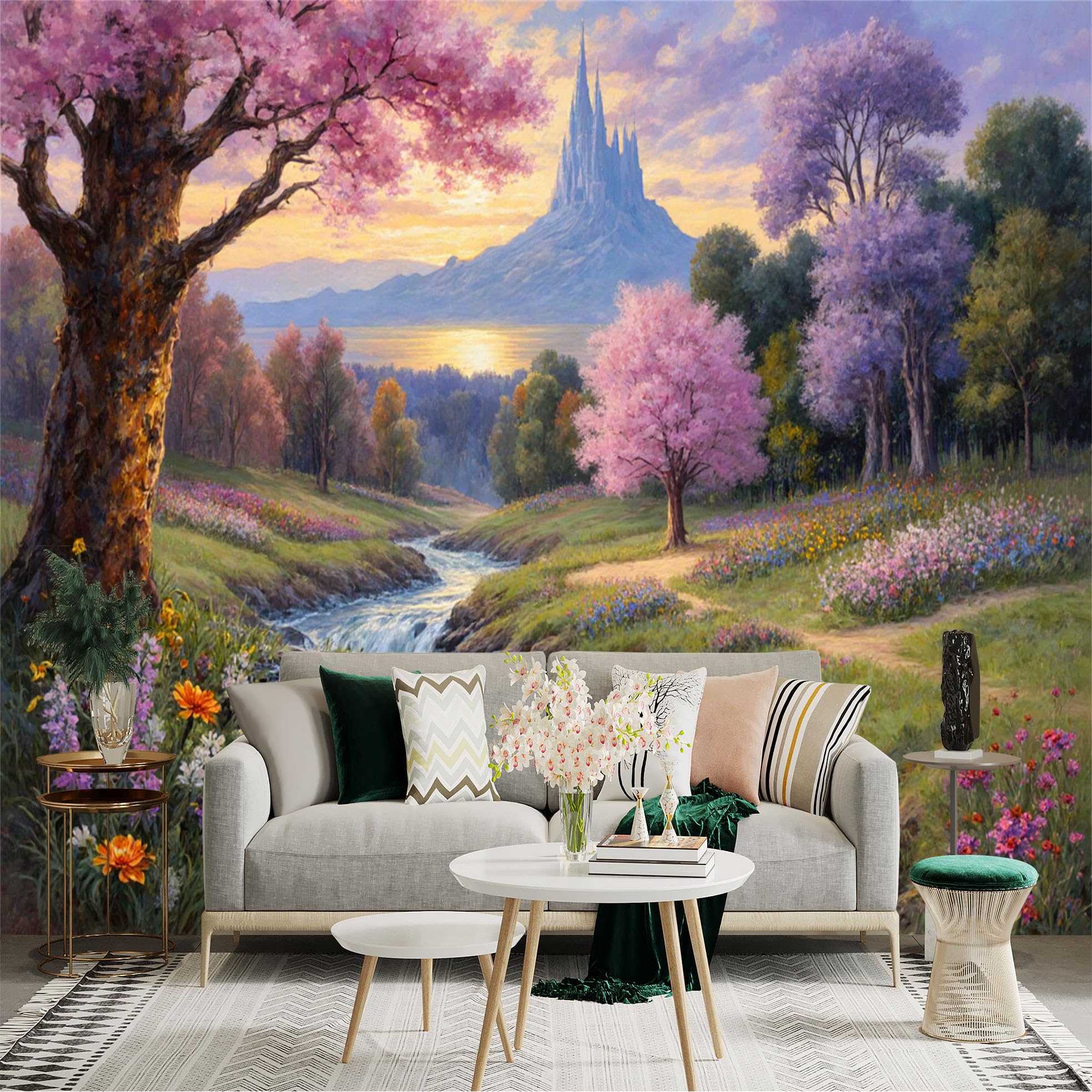 Lnzczhyre Xc260505442 Custom Size Wall Sticker Mural， Enchanted Mountain Castle， Blooming Cherry Blossom Trees， Peaceful Flowing Stream， Colorful Wildflower Meadow， For Wall Decoration， Peelandstick Wall Decals.