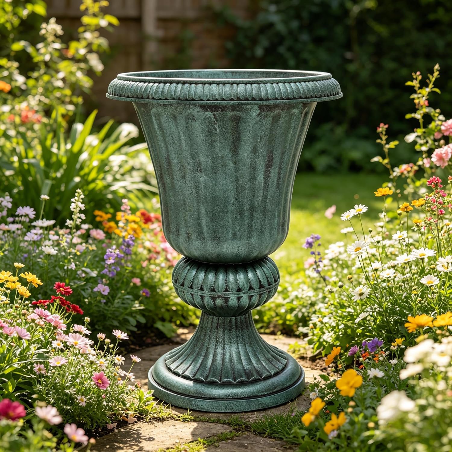 MoNiBloom 20-Inch Plastic Urn Planter Vase – Vintage Roman Flower Pot for Indoor & Outdoor Plants, Patio, Garden, Wedding Decor, Lightweight & Drainage Hole, Retro Home Porch Decor (Dark Green)