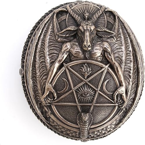 Miniatura 2 de Veronese Design 5 1/4 pulgadas Wiccan pentagram Baphomet Oval en forma de baratija caja de baratija Escultura de resina Acabado de bronce