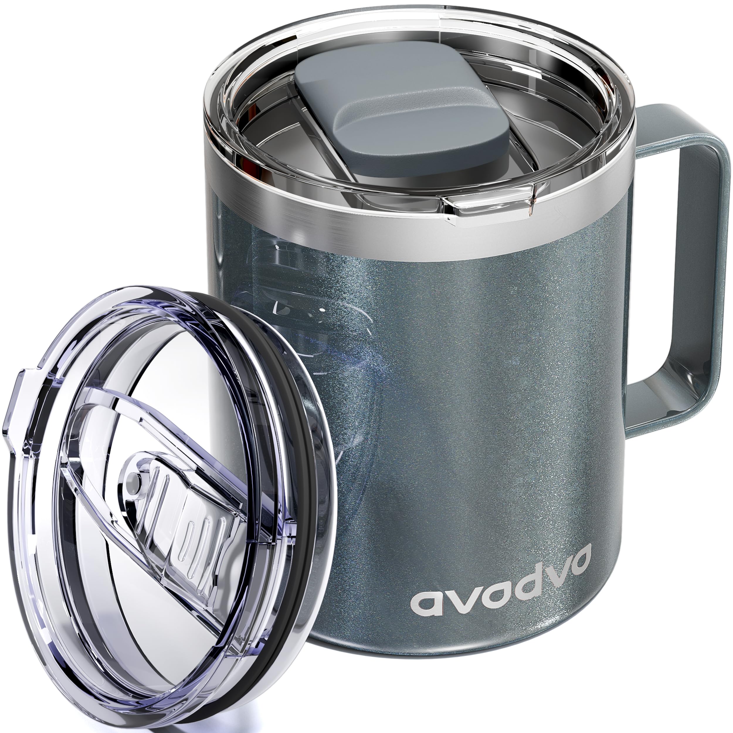 12oz Insulated Coffee Mug with 2 Lids &amp; Handle, Stainless Steel Cup