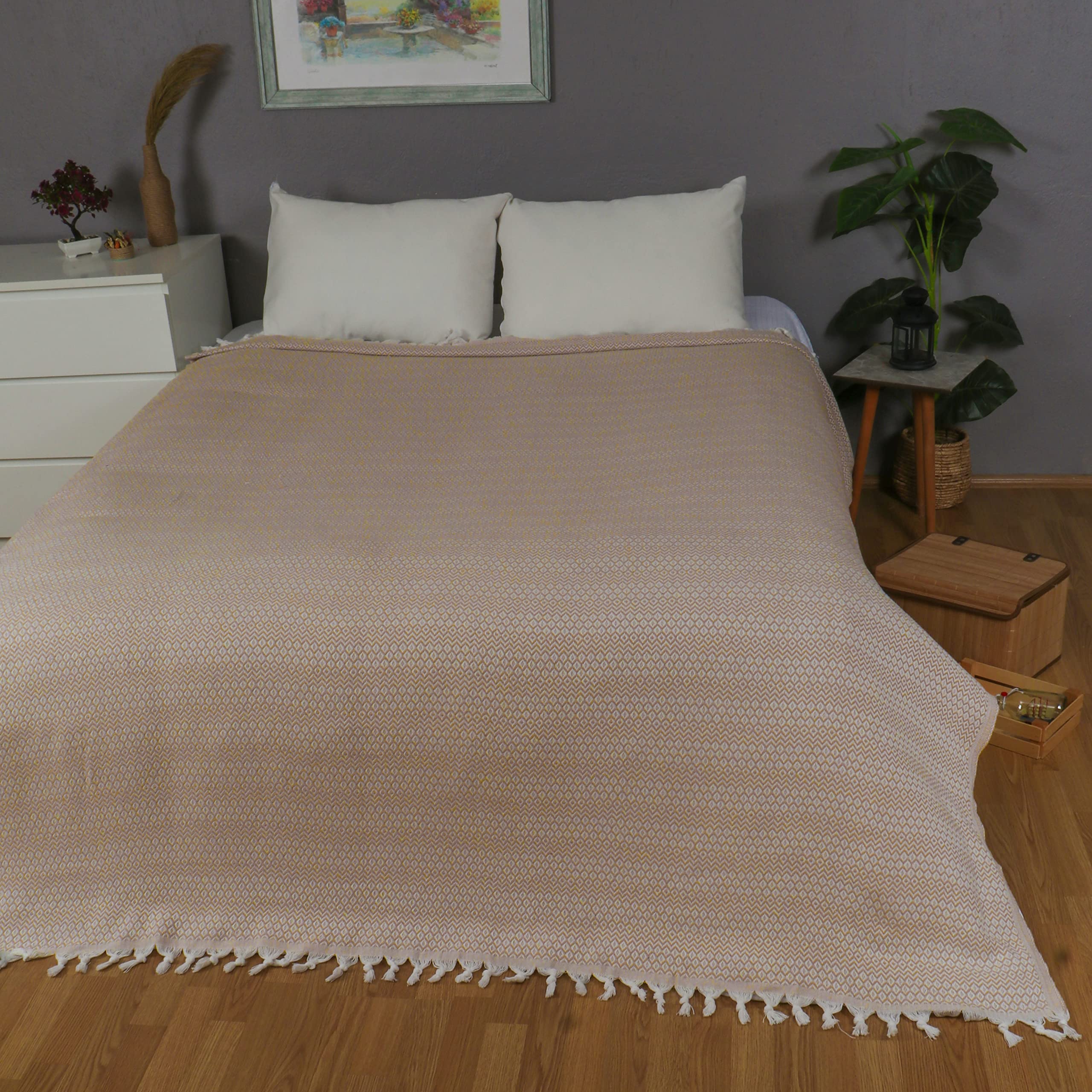 Tuiste Tagesdecke, Baumwolle, Couchüberwurf, Sofadecke, kuschelige TV-Decke, Couchdecke, Sesseldecke, Wendedecke, Bettüberwurf, Couch Überzug, Sommerdecke, Picknickdecke (Sand Beige, 250x265 cm)