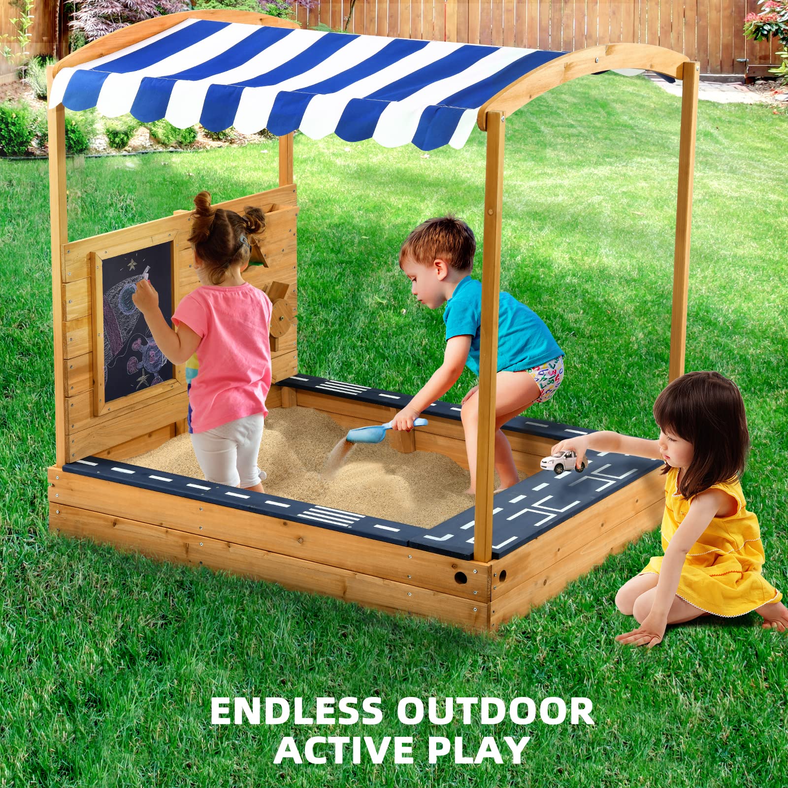 Amazon.com: Hapfan Wooden Sandbox with Cover, Canopy, Blackboard, Car  Track, Sand Funnel and Wheel, Bench Seat and for Kids Outdoor : Toys & Games